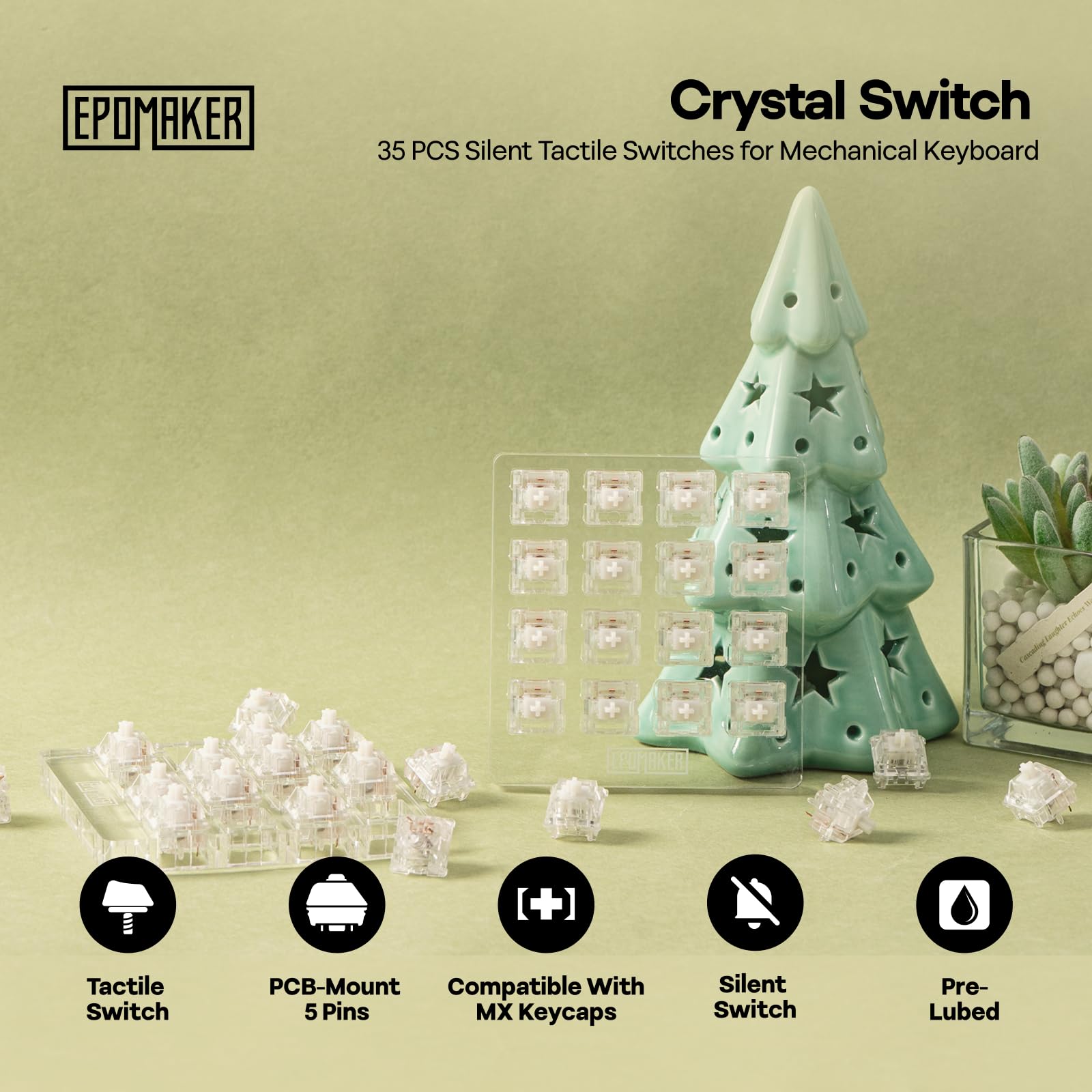 EPOMAKER Crystal Tactile Silent Switch per Tastiera Meccanica da Gioco, 35 Pieces, Pre-Lubed, 5-Pin 35gf Interruttori Tattili Crisp Mute con Struttura MX Standard