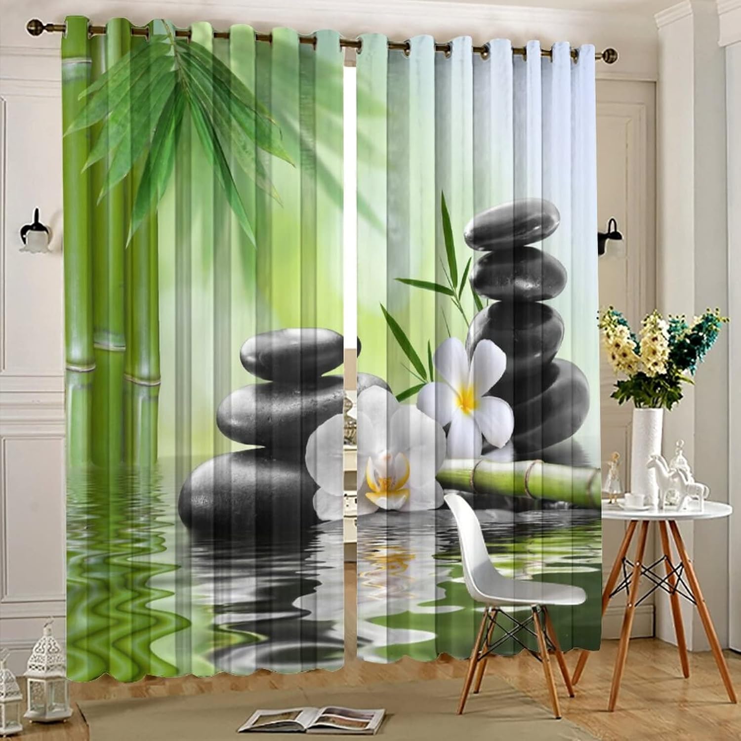 Zen Spring Garden Room Darkening Blackout Window Curtains with Grommets,Japanese Style Spa Black Stone White Flower Green Bamboo Print Energy Efficient Window Treatment 2 Panels 63L x 31.5W