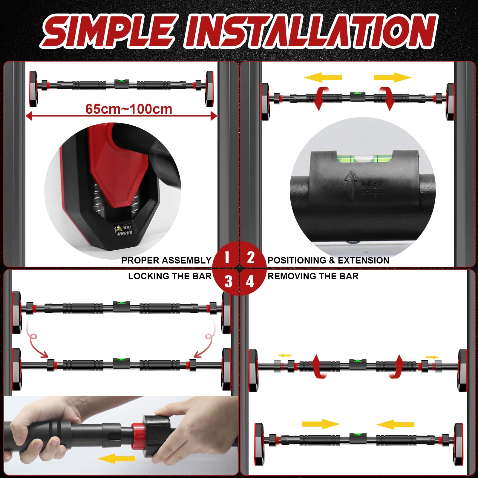 Barre de traction pour cadre de porte - Installation sans vis, réglable de 76-100cm, charge maximale 200kg - Barre de traction et de poussée multifonctionnelle pour gym à domicile et fitness