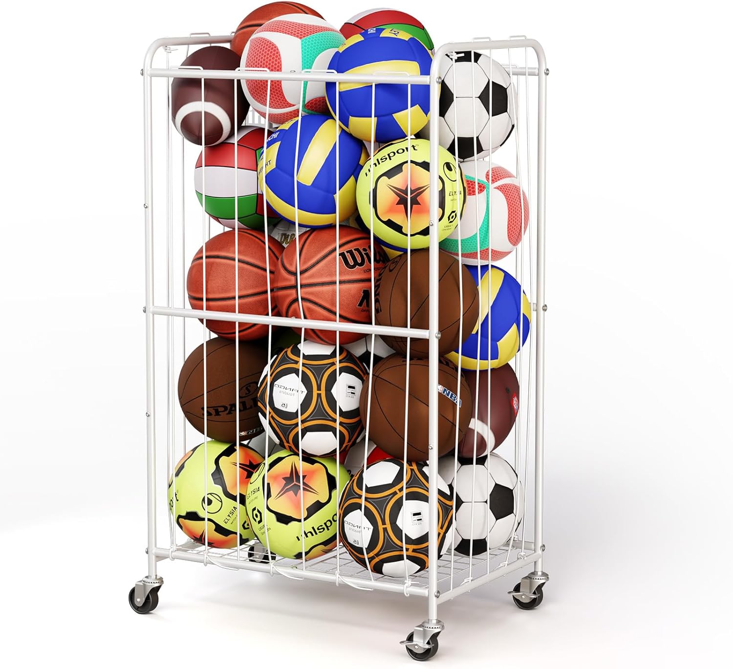 210L Rolling Ball Organizer with Locking Wheels - Large Sports Storage Basket for Basketball Soccer Football Volleyball, Steel Garage Equipment Cart with Elastic Rope for Household Storage