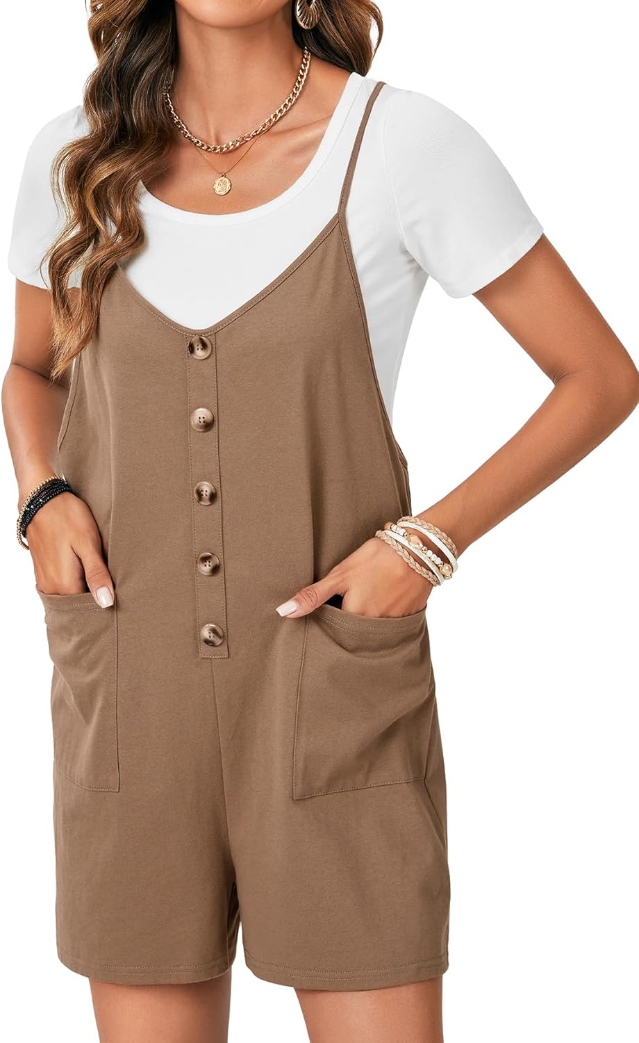 LYANER Women's Casual Summer Sleeveless Romper Loose Adjustable Spaghetti Strap Button Front Stretchy Shorts Jumpsuits - Image 3