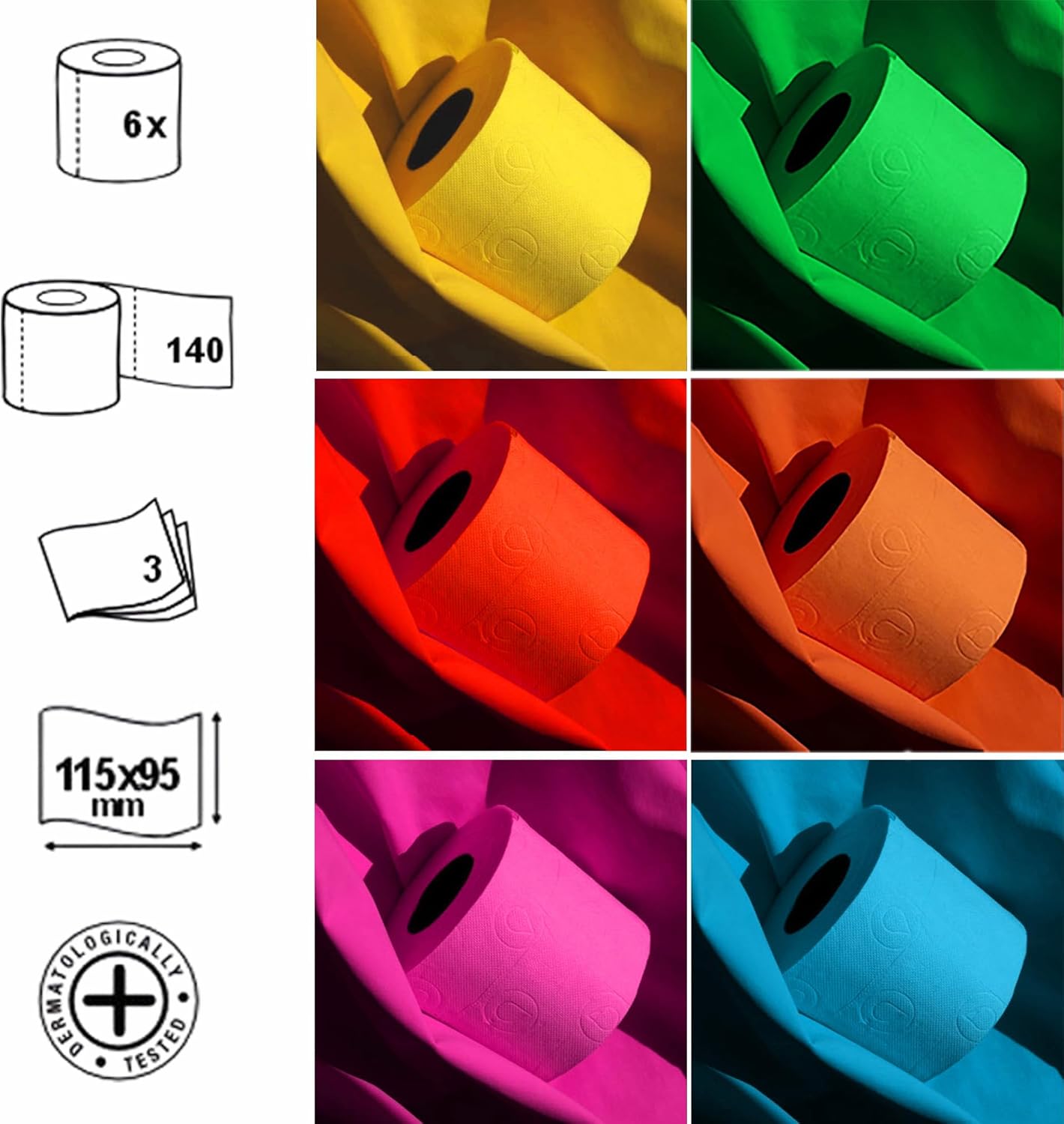 Roll-Lux Colored Toilet Paper Gift Box 6 Rolls – 3-Ply Multicolor Bathroom Tissue, 140 Sheets per Roll, Soft Embossed Texture, Dermatologically Tested, Fun Bright Colors for Home or Events
