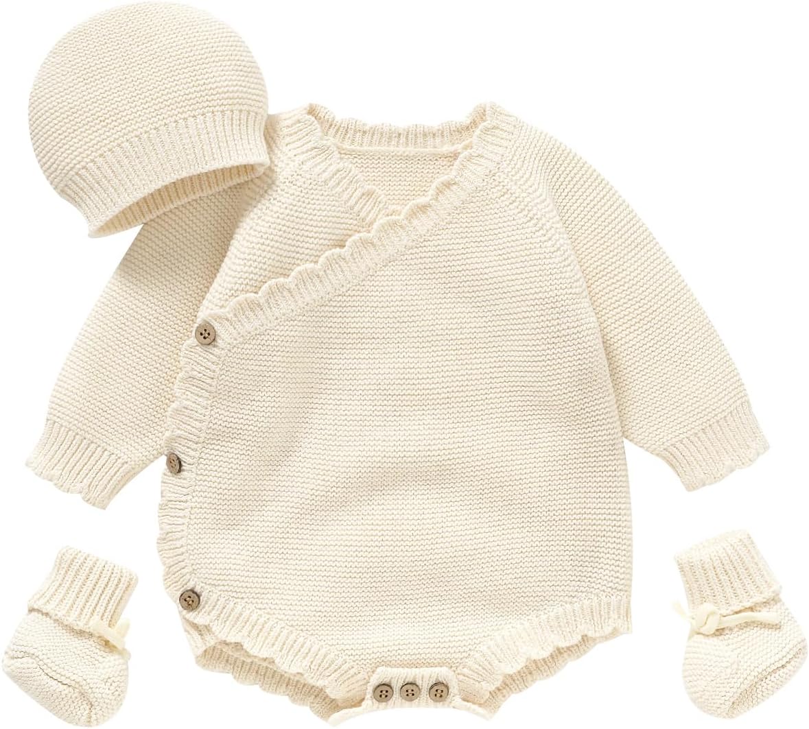Unisex Baby 3 Piece Sweater Set Cotton Knit Romper with Hat and Booties, Long Sleeve Outfit Newborn Infant Clothes