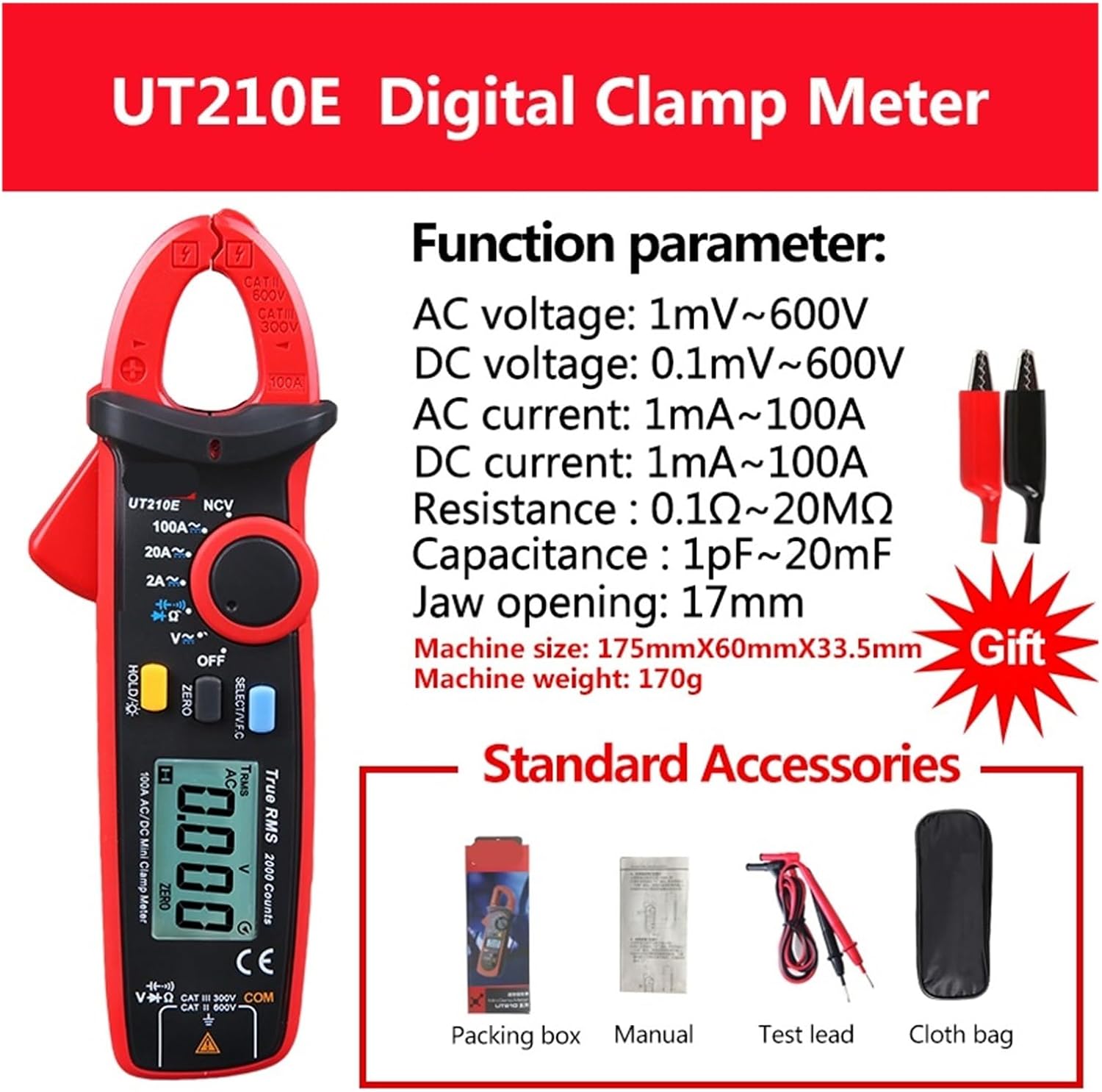 UT210E Digital Clamp Meter AC DC Current Pliers Ammeter Voltmeter Clamp Multimeter Tester Frequency Meter