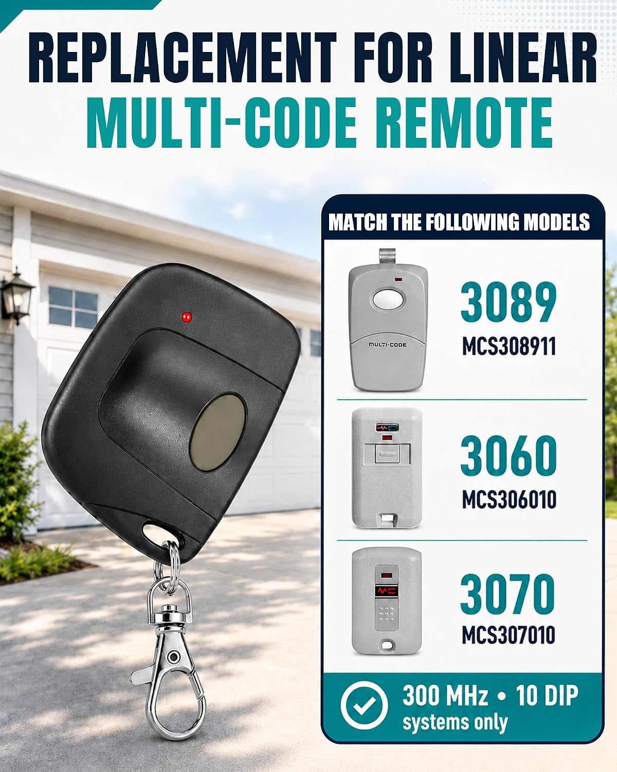 Garage Door Opener Remote Compatible with Linear Garage Door Opener Multicode 300MHz 10 Dip Switches 3089 360 3070 Gate Opener Remote Gate Clicker, 1 Pcs image 3
