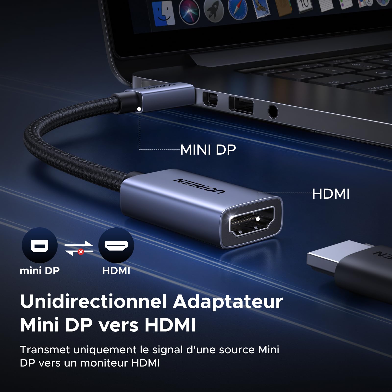 UGREEN 4K 30Hz Mini DisplayPort vers HDMI Adaptateur Thunderbolt 1/2 Unidirectionnel Convertisseur Mini DP vers HDMI 2K 60Hz 1080P 120Hz Compatible avec Mac Mini MacBook Air Pro Moniteur HDTV(1 Pack)
