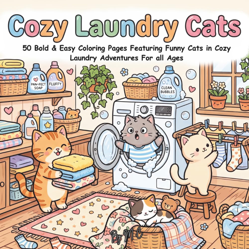 Cozy Laundry Cats: 50 Bold & Easy Coloring Pages Featuring Funny Cats in Cozy Laundry Adventures for All Ages