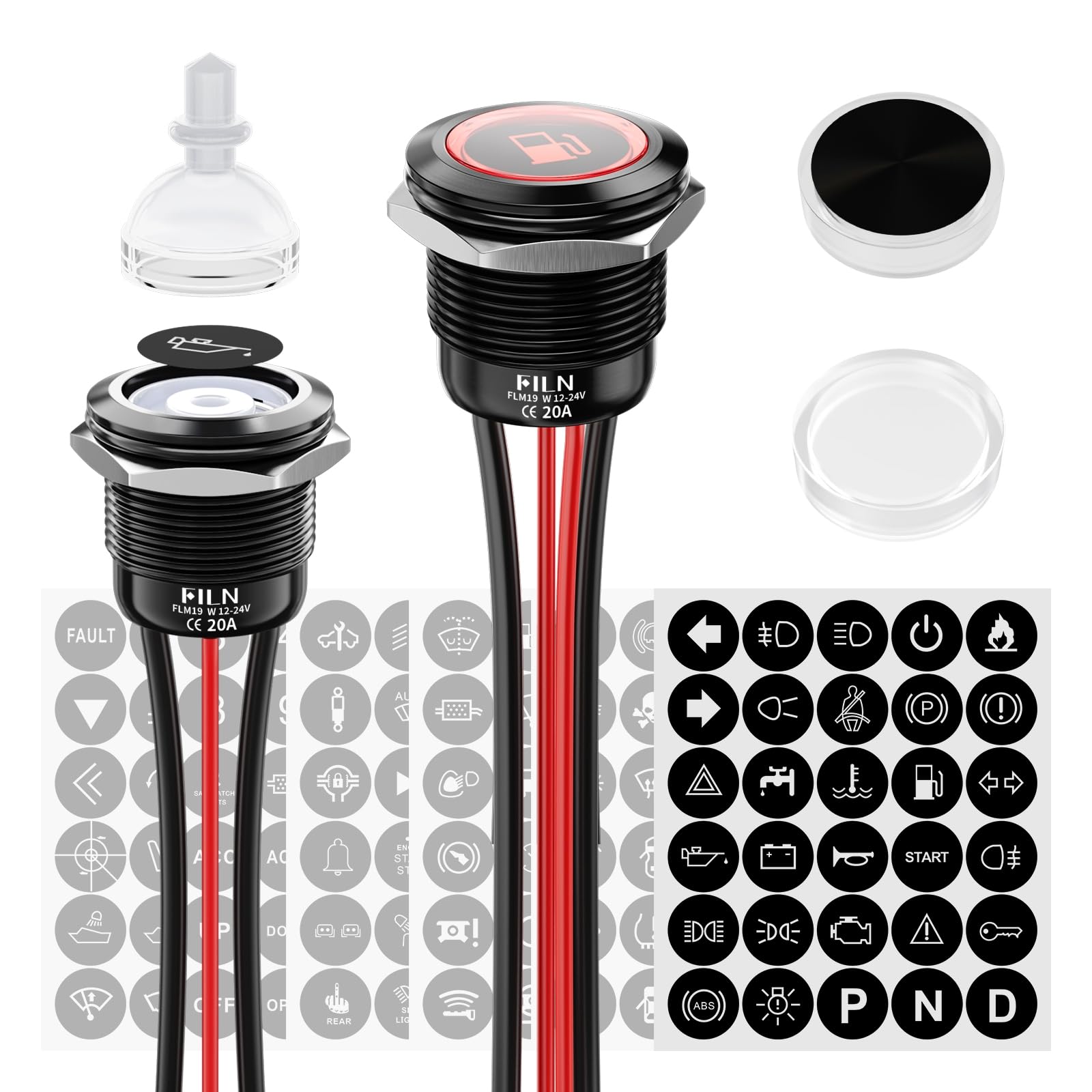 2Stück 19mm LED Schalter vorgegattert mit Kabel，12-24V DC IP67 Ein/Aus Schalter mit 185 Symbolen，für Beleuchtung, Stromversorgung & Industrieanlagen（Rot LED，1CH）