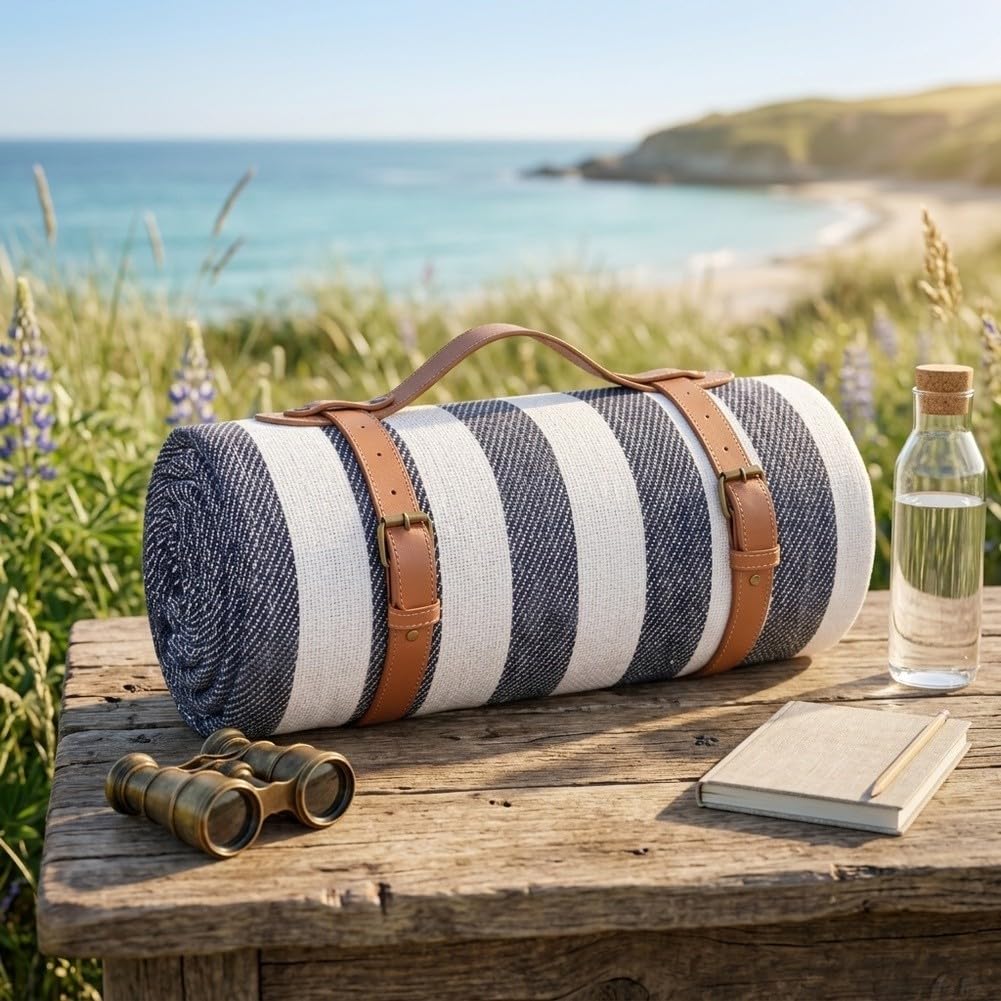 Grande couverture de pique-nique imperméable 200 x 150 cm, tapis d'extérieur pliable et résistant au sable pour plage et parc (bleu moka, 2 x 2 m)