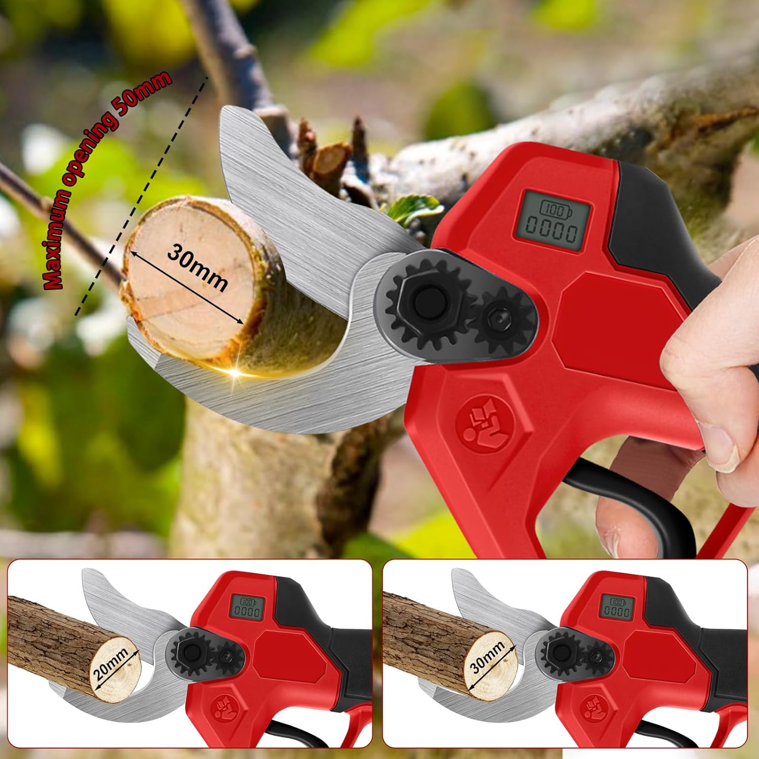 Cordless Pruning Shears Compatible with Milwaukee 18V, Electric Pruning Shears with Extension Pole up to 4.57m Range, LCD Display 30 mm Battery Pruning Shears & Loppers for Garden (No Battery)