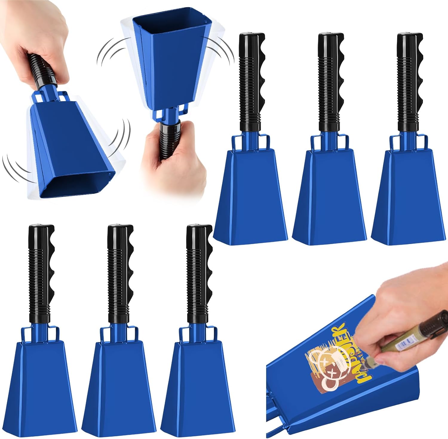 6 Pack 8-Inch Cowbells with Handles (Blue) for Events