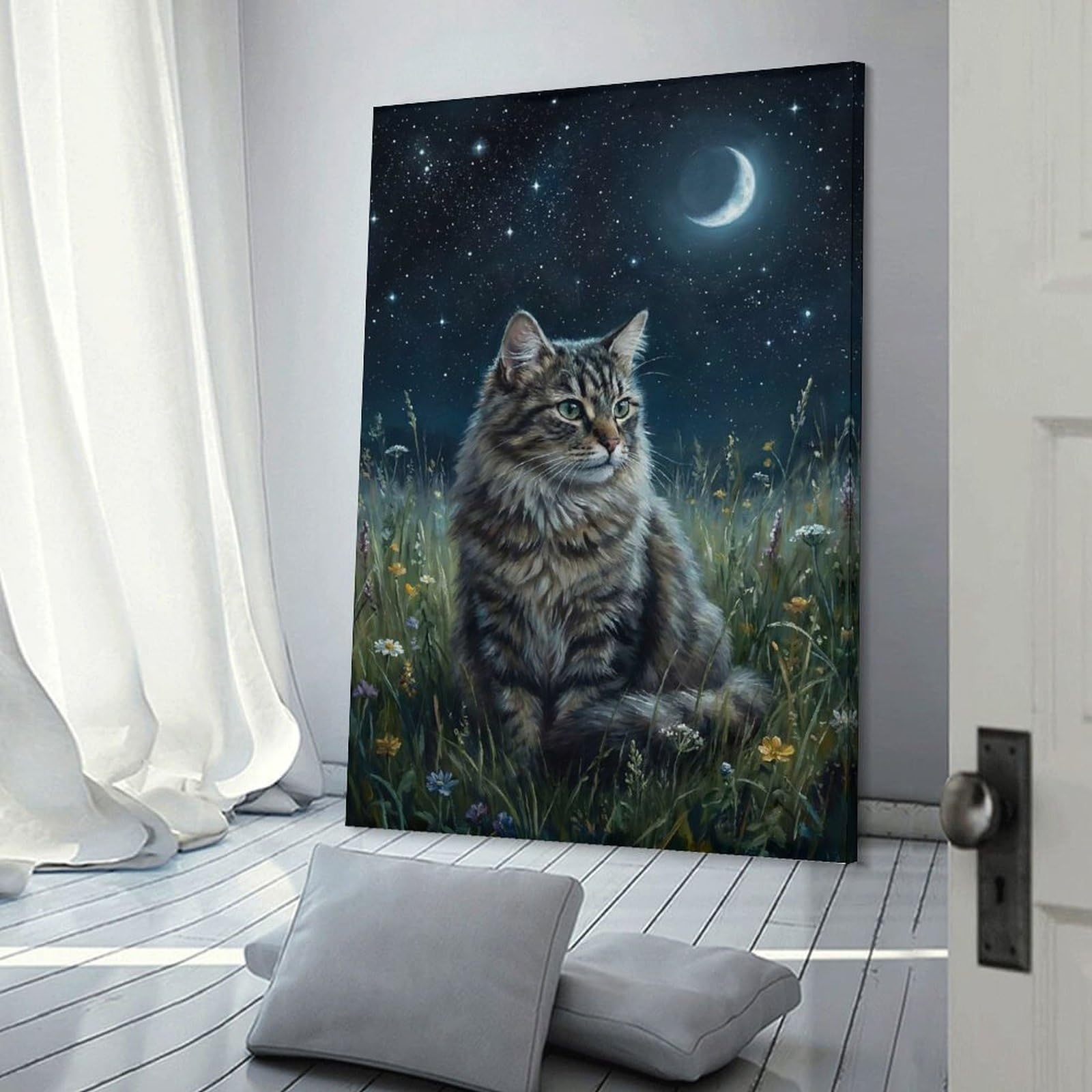 Junmoney Decorative Canvas Print Cat in Field Under Moonlit Sky, 20x30inch(50x75cm), for New Homes, Bedrooms Or Workspaces, Thoughtful Wall Decor for Art Lovers
