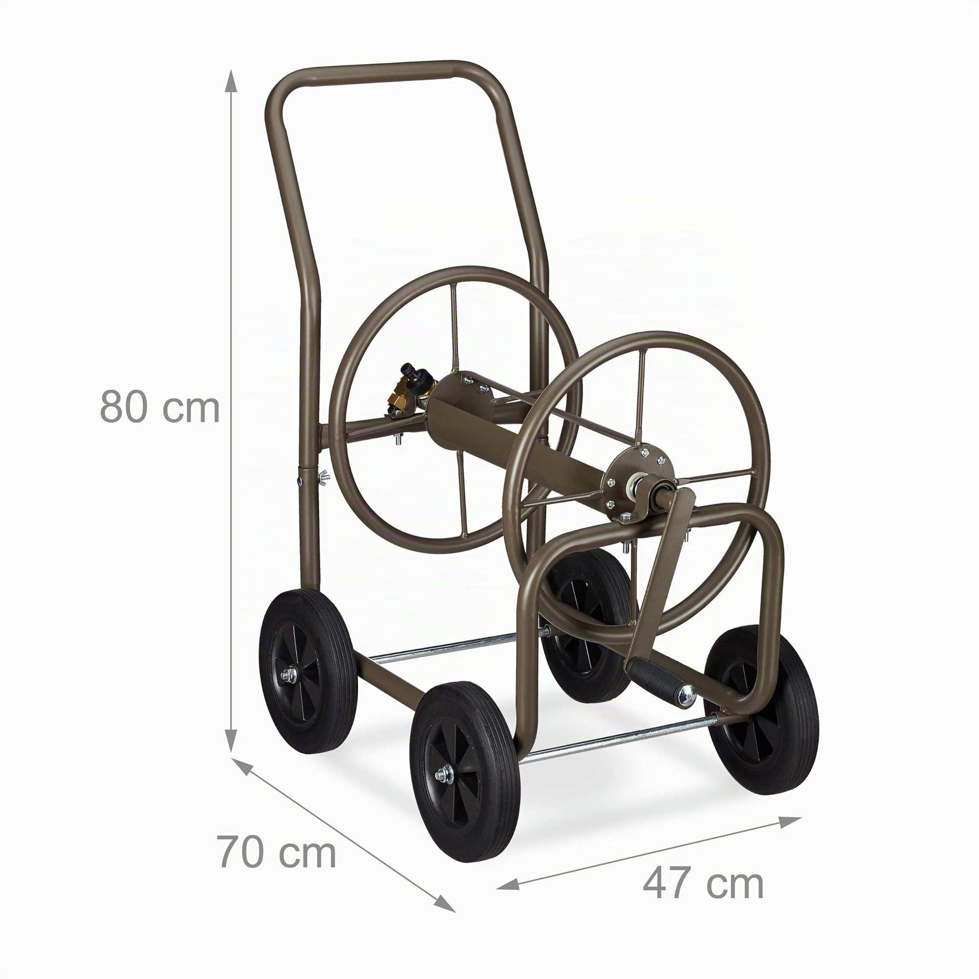 Relaxdays Chariot pour tuyau XL, tambour mobile métallique, pour tuyau de 60 m, enroulement à 90 °, avec des roues, brun