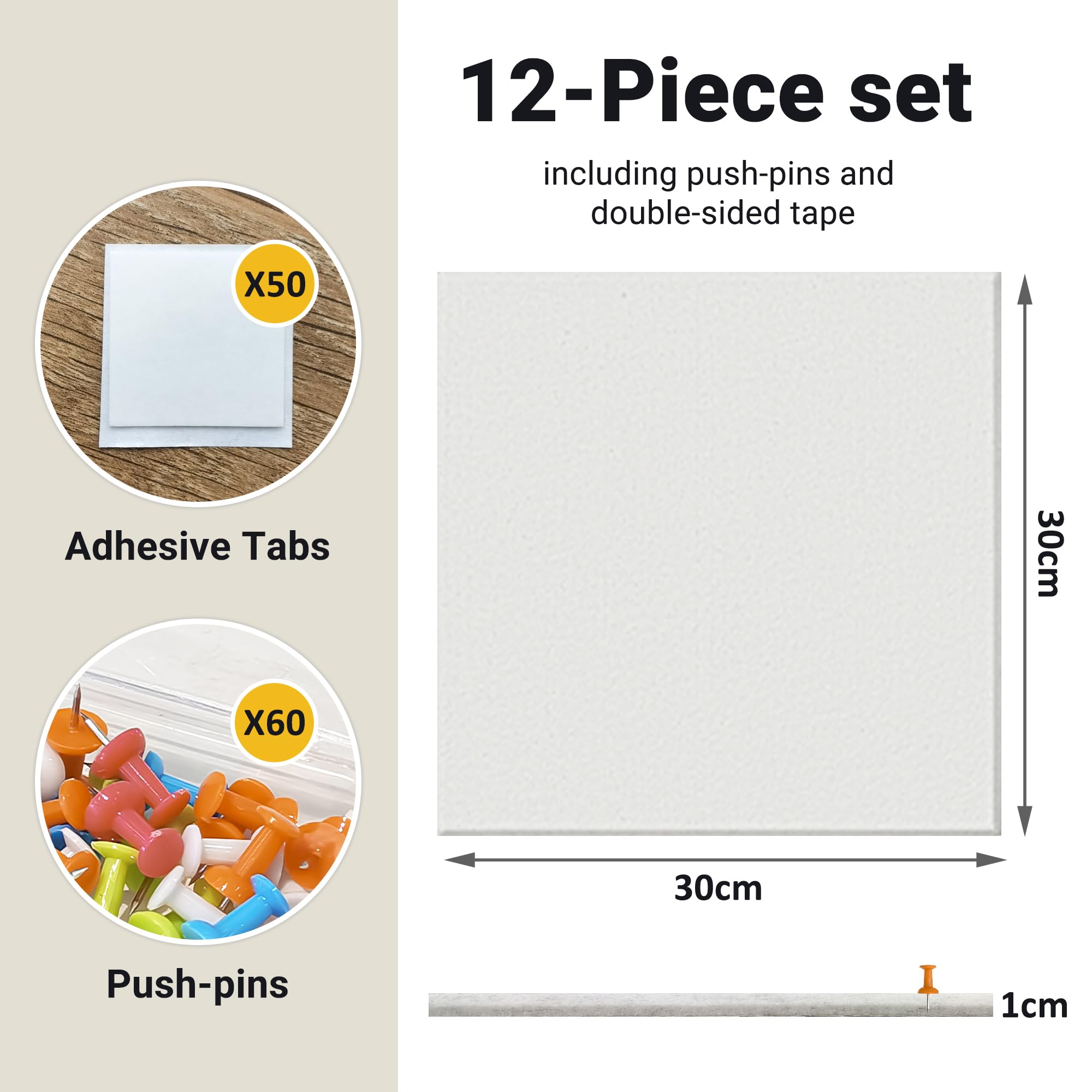 12 Piezas Corcho Pared Autoadhesivo 30x30 cm, Tablero de Corcho Fieltro para Oficina Casa, Tablón de Anuncios con Chinchetas y Piezas de Montaje (Blanco)