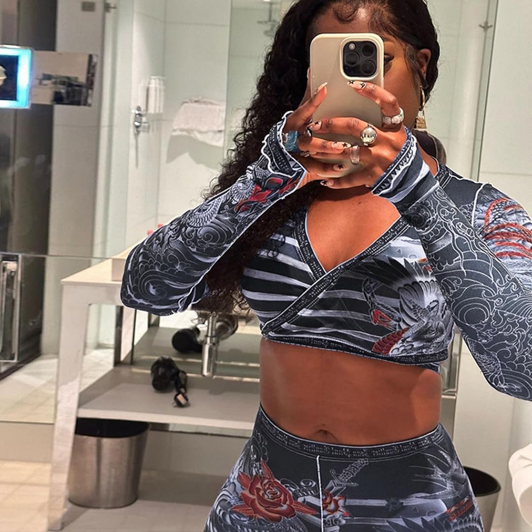 THLAI Women's Two Piece Sexy Lace Sets Long Sleeved Short Top Slim Pants See Through Print Outfits Clubwear - Image 5