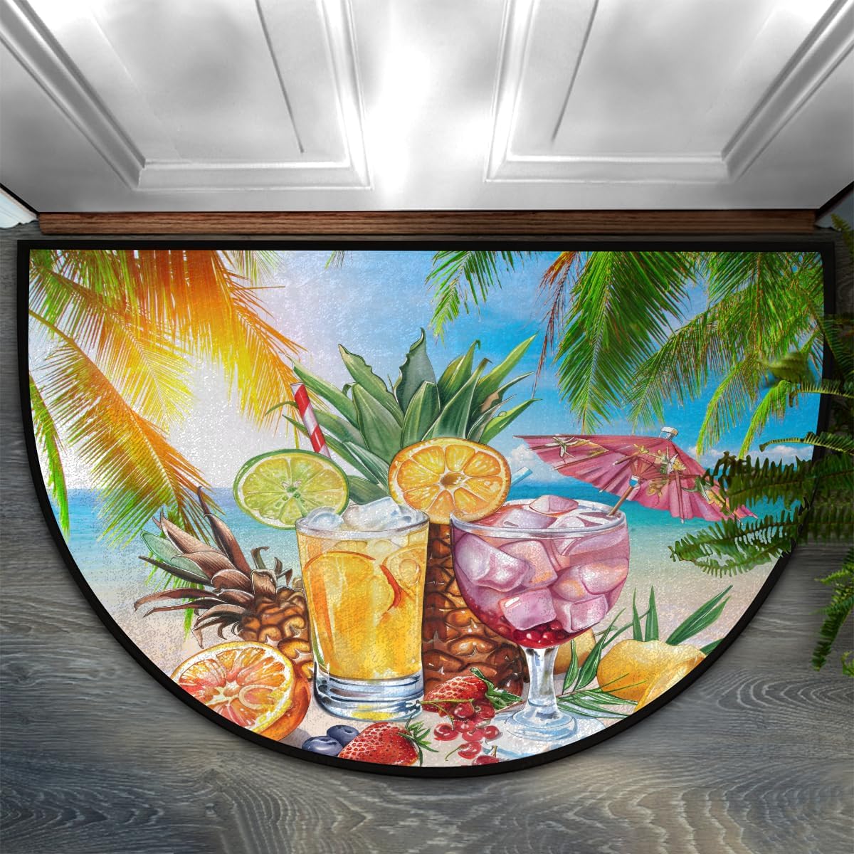 Half Round Door Mat Beach Ocean Palm Leaf Half Moon Rug Washable Half Circle Area Rugs Indoor Entrance Non Slip Semi Circle Bathroom Rugs Floor Carpet for Kithen Bedroom Fireplace Decor