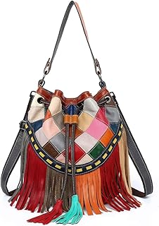 Segater Women Large Multicolor Bucket Bag Genuine Leather Shoulder Bag Colorful Splicing Tote Handbag Purse Christmas Satchels