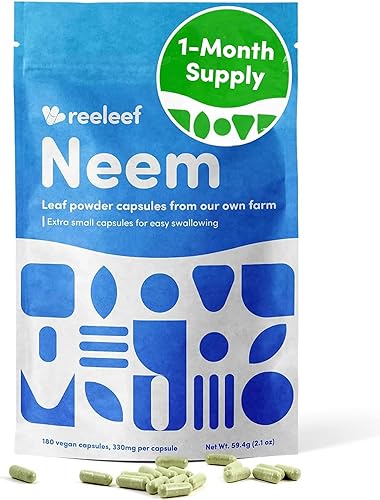 reeleef Pure Herbal Neem Leaf Cápsulas  180 unidades 330 mg  Polvo de neem puro hecho con hojas de neem orgánicas certificadas, sin aditivos  Vegano