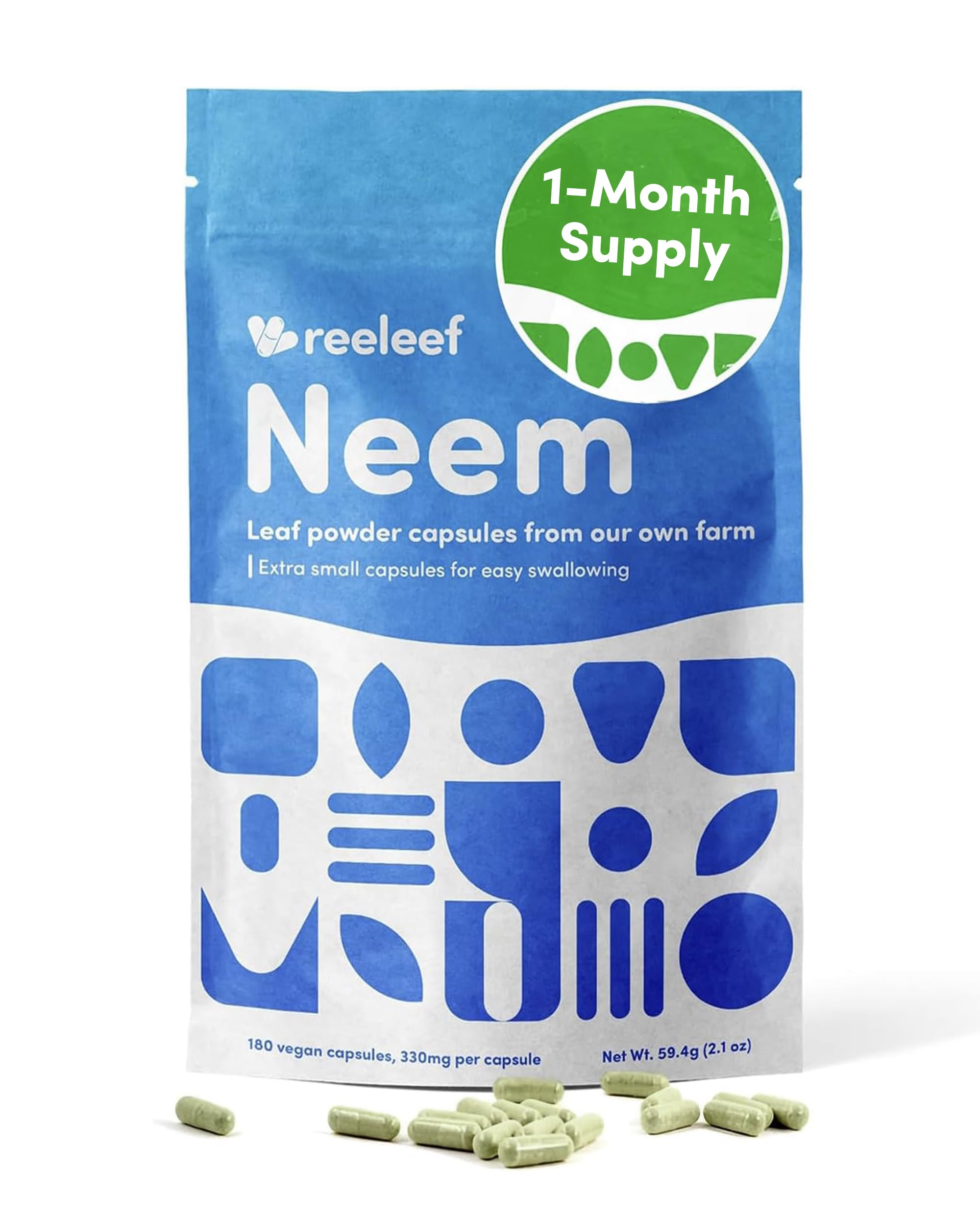 Pure Herbal Neem Leaf Capsules - 180 Count 330 mg - No Additives - Vegan