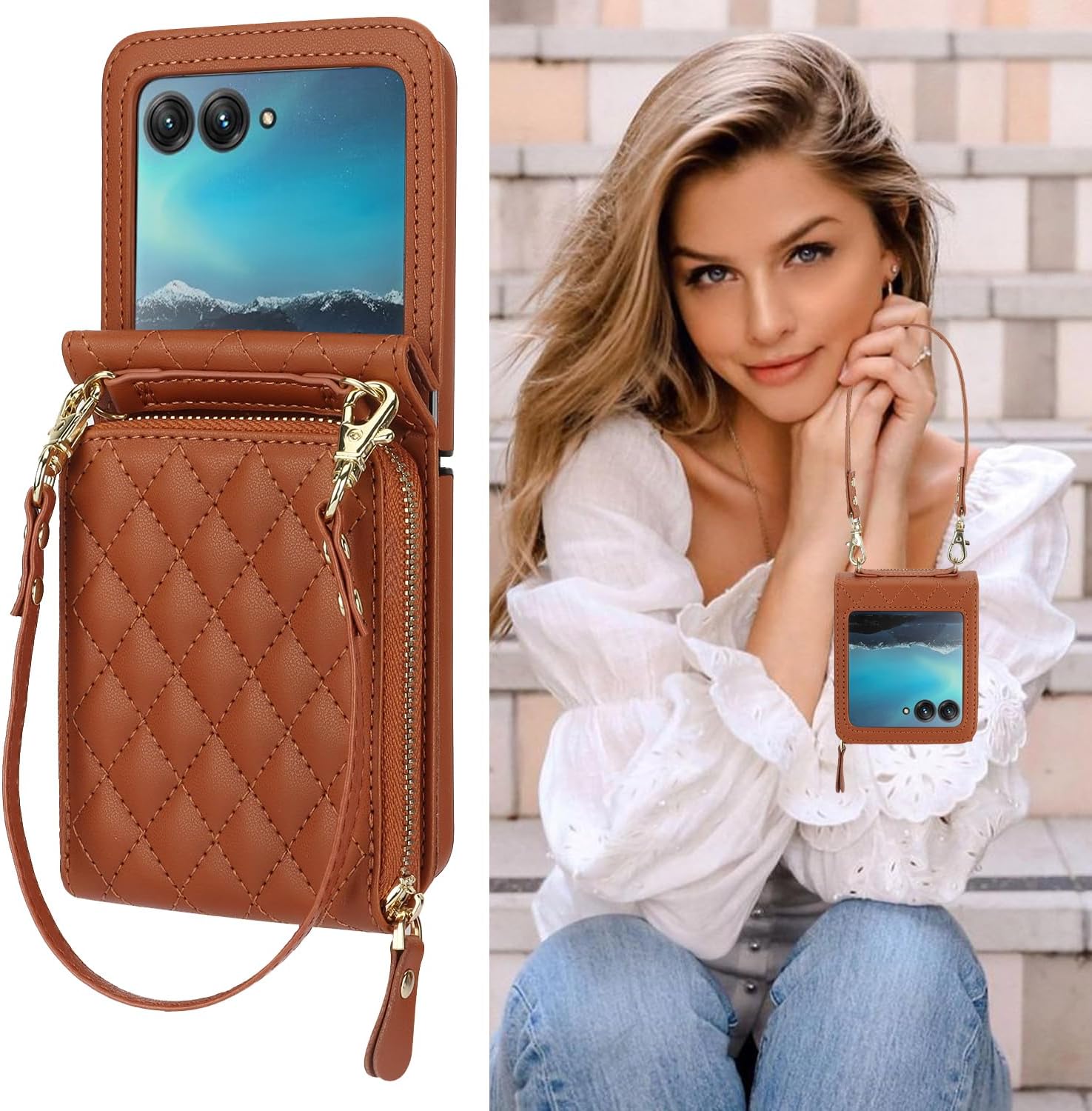 Phone Case for Motorola Razr Plus 2023/Moto Razr 40 Ultra Wallet Crossbody Lanyard Strap & Kickstand Hinge Protection Heavy Duty Matte Hard Card Holder Cover Razr+ + 5G XT2321-3 Women Men Brown