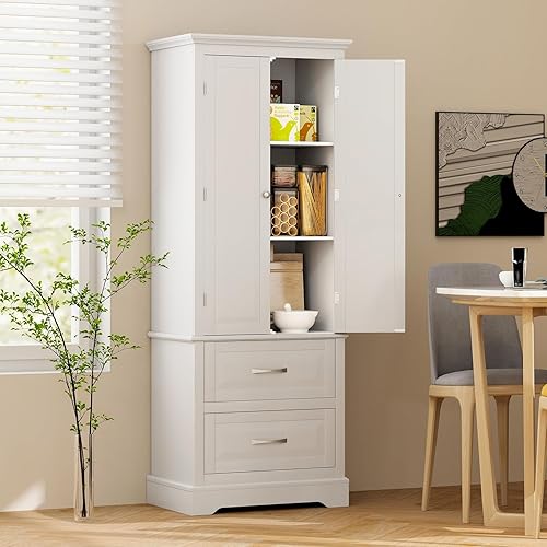 Miniatura 4 de LOKO Moderno armario alto para despensa de cocina, 62 pies de alto, blanco, grande (24 x 16 x 62 pies), 2 estantes ajustables, 2 cajones grandes,