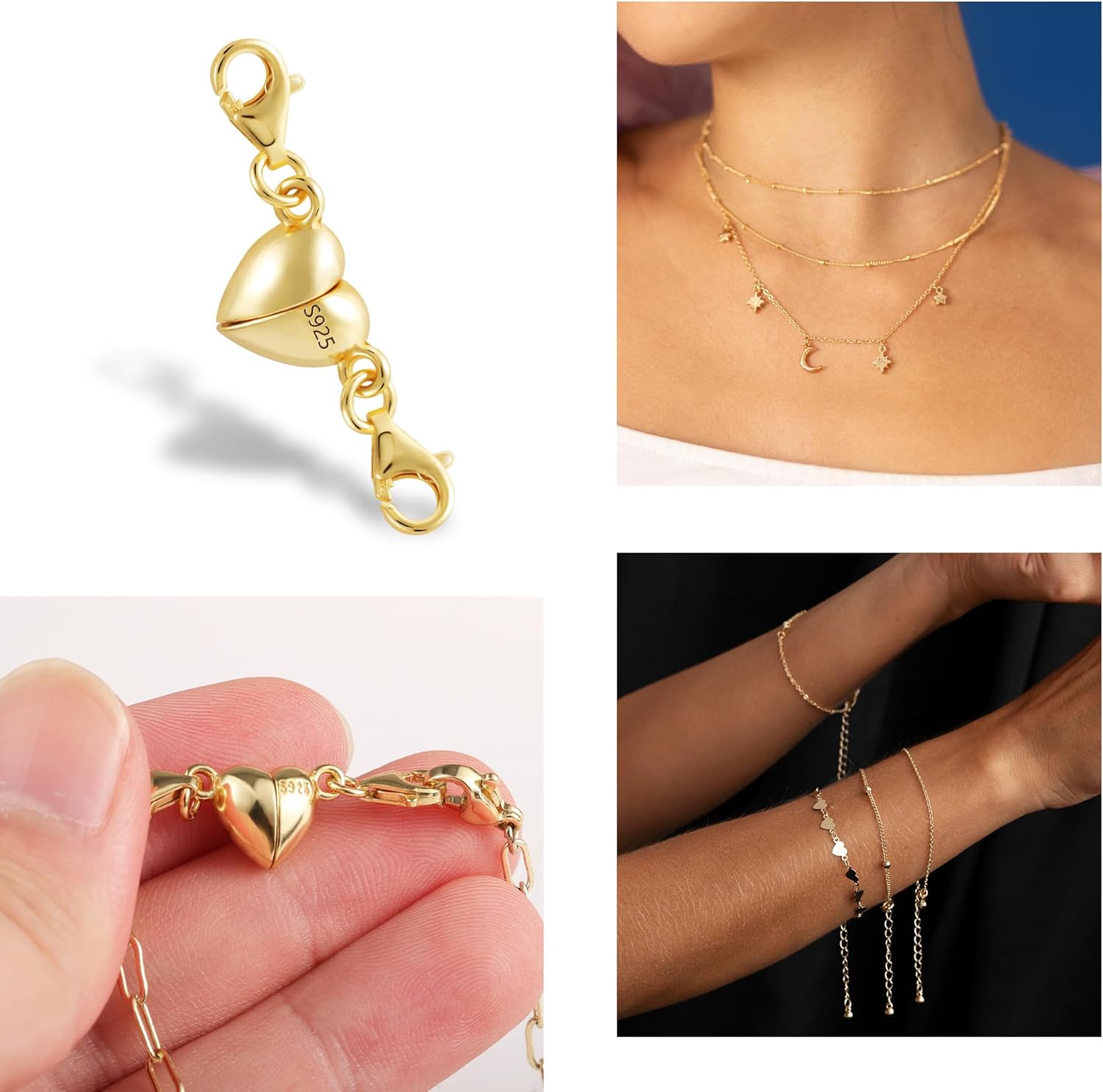 14K Gold Magnetic Jewelry Clasps for Necklaces 925 Sterling Silver Magnetic Necklace Clasps and Closures Double Lobster Heart Jewelry Clasp for Bracelet Extender - Image 2