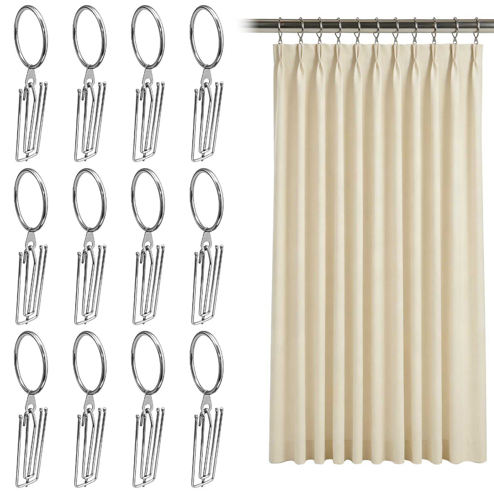 24 pcs Curtain Rings with Hooks, VEINARDYL 1.5in Rustproof Metal Drapery Rings with Eyelets, Pleated Curtain Hook for Drapes Window Door Shower Curtain - Silver