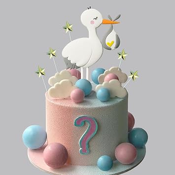 34 PCS Gender Reveal Stork Cake Toppers Balls Cake Decorations with Stars Clouds for Boy Girl Baby Shower Birthday Party Supplies Gender Reveal