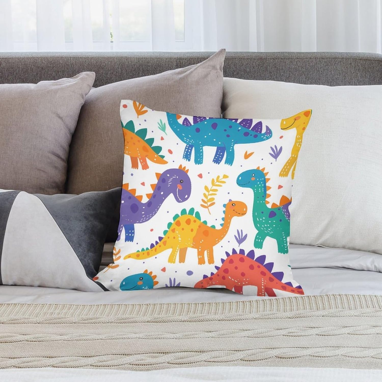 Colorful Dinosaur Printed Throw Pillow Case 4 Pcs Soft Pillowcases Pillows Covers Sofa Bed Decor 12/14/16/17/18/20/22/24/32 Inches