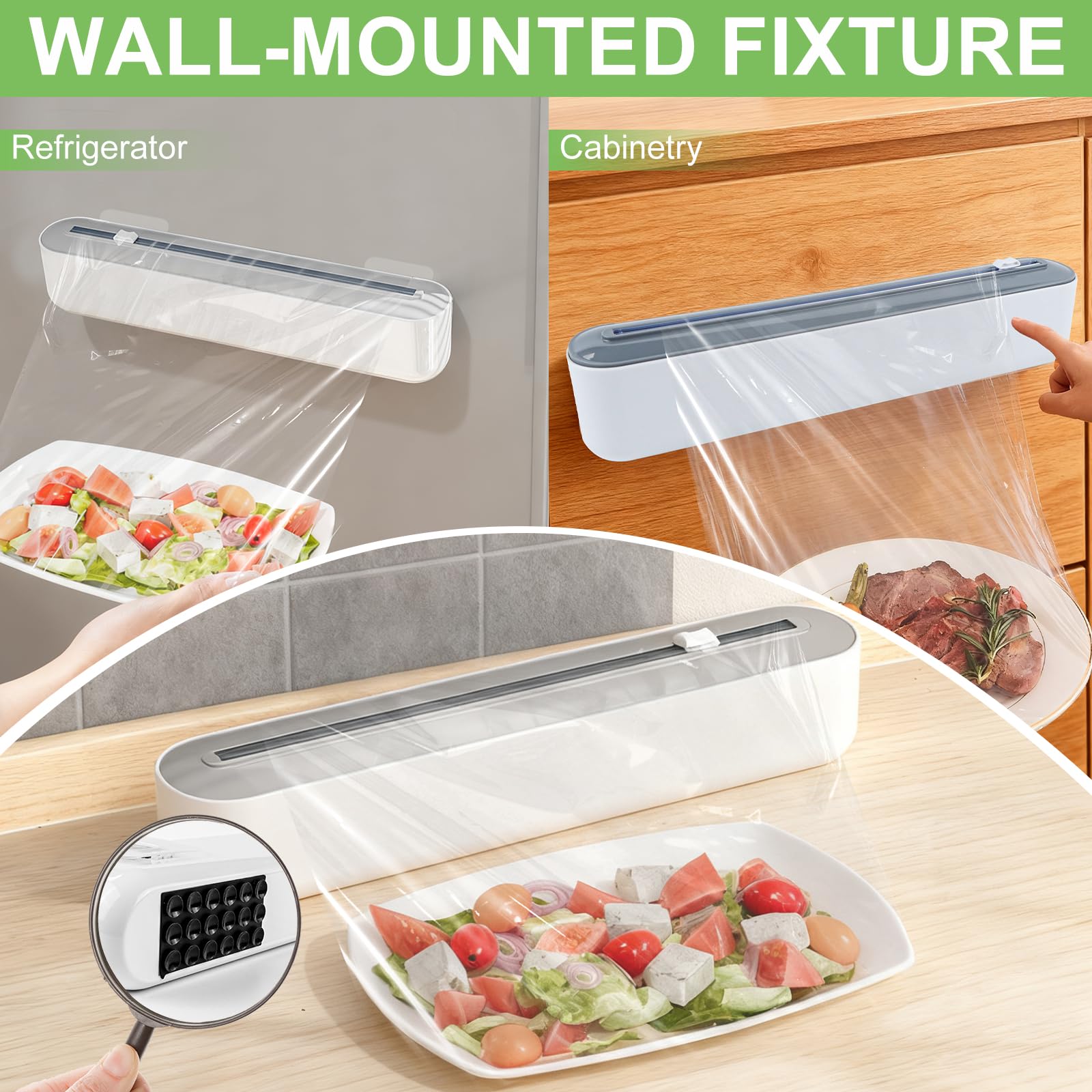 Distributeur Film Alimentaire avec Ventouse, Distributeur Papier Aluminium et Film, Boîte de Coupe Film Alimentaire, Découpe De Film Alimentaire Murale, Dévidoir Film Alimentaire pour Cuisine(Blanc)