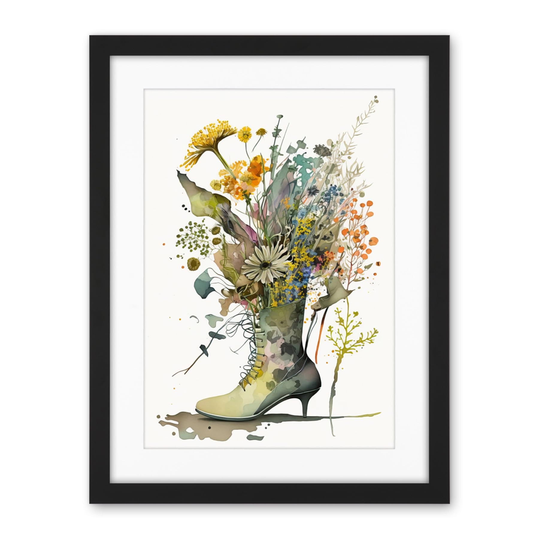 Artery8 Spring Wildflower Bouquet Stiletto Military Boot Artwork Framed Wall Art Print 18X24 Inch