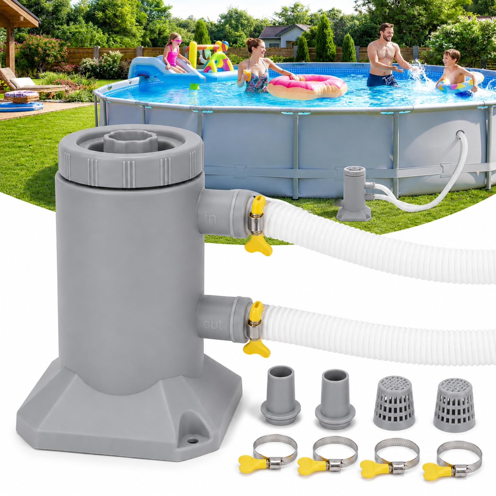 Bomba de Filtro para Piscina 250L/H ABS Silenciosa para Piscinas Pequeñas | Bomba de filtro 250L/H de ABS, silenciosa y fácil de instalar para circulación y filtración en piscinas pequeñas.