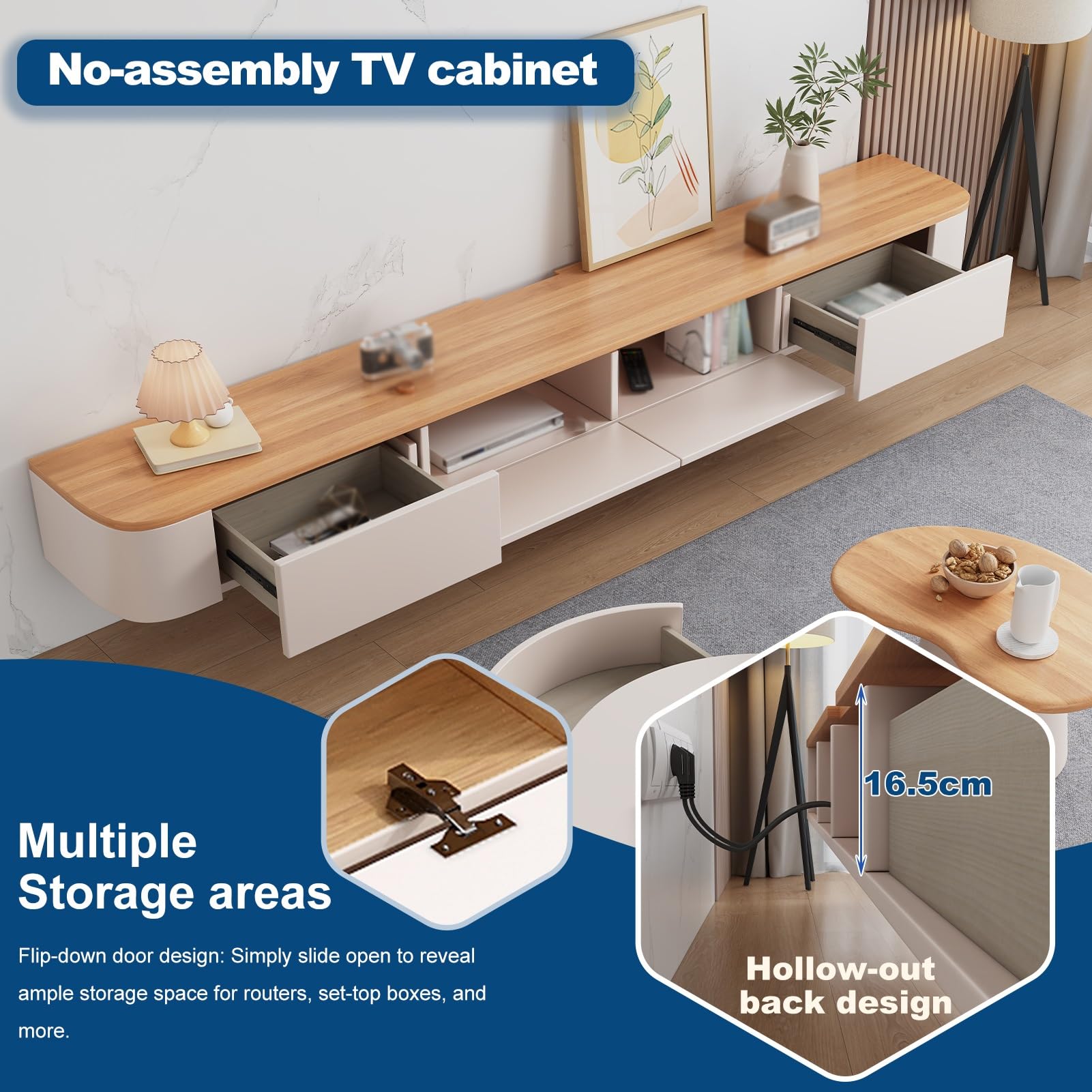Mueble TV Flotante con Almacenamieno, Mesa De Televisión Suspendida para Pared, Consola Multimedia con Puertas Y Estantes Gran Almacenamiento, Mesa para Salón, Mueble Moderno(Blanco,300cm)