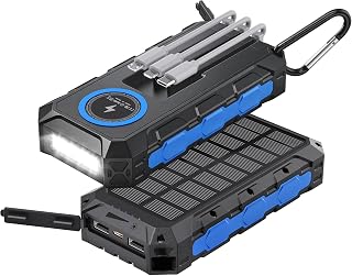 Power Bank 20000mAh Solar Charger with 15W Wireless Charging, 22.5W Fast Charging, 3 Built-in Cables, LED Flashlight, Compatible with iPhone, iPad, Galaxy, for Outdoor Camping (Blue)
