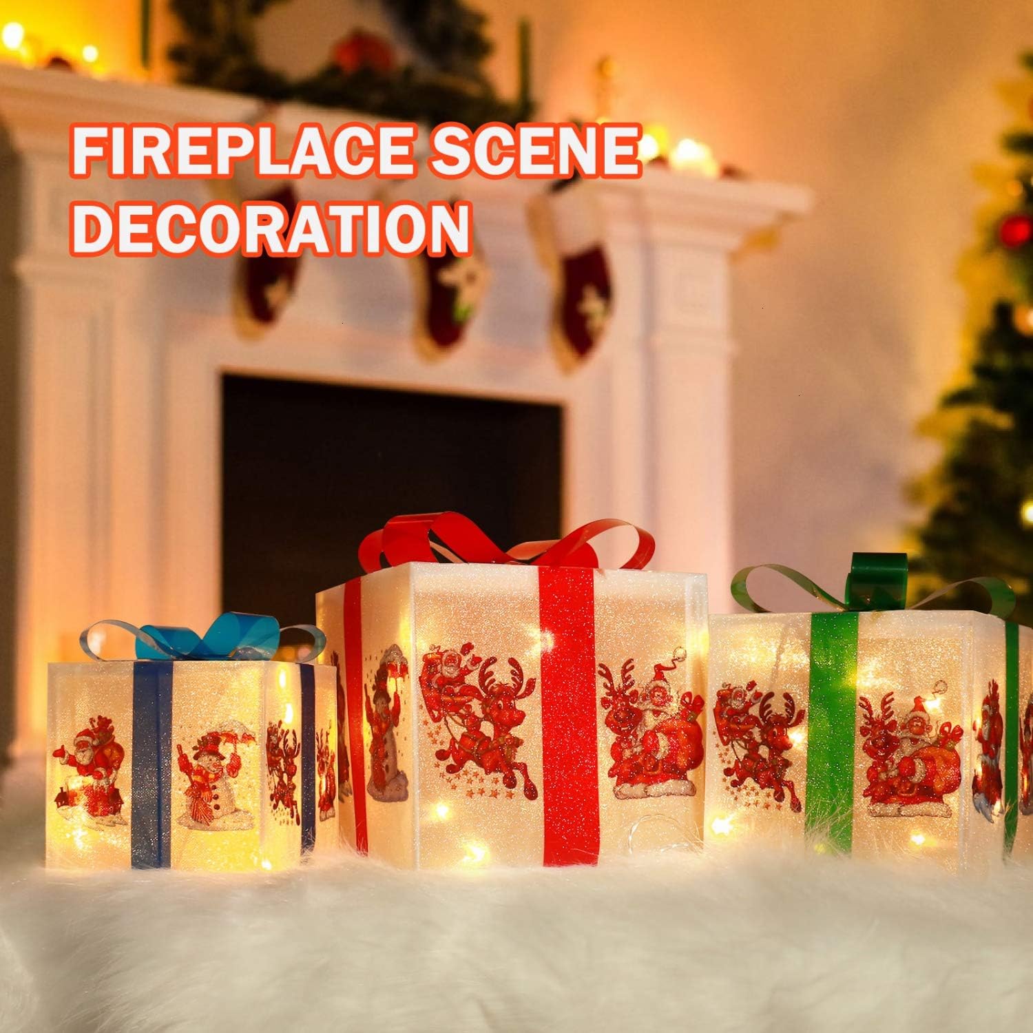 Rocinha Christmas Lighted Gift Boxes Decorations with Cute Images(Santa Claus Reindeer Snowman), Red Green and Blue Bow LED Present Boxes White Gift Boxes for Holiday Home Christmas Decor, Set of 3