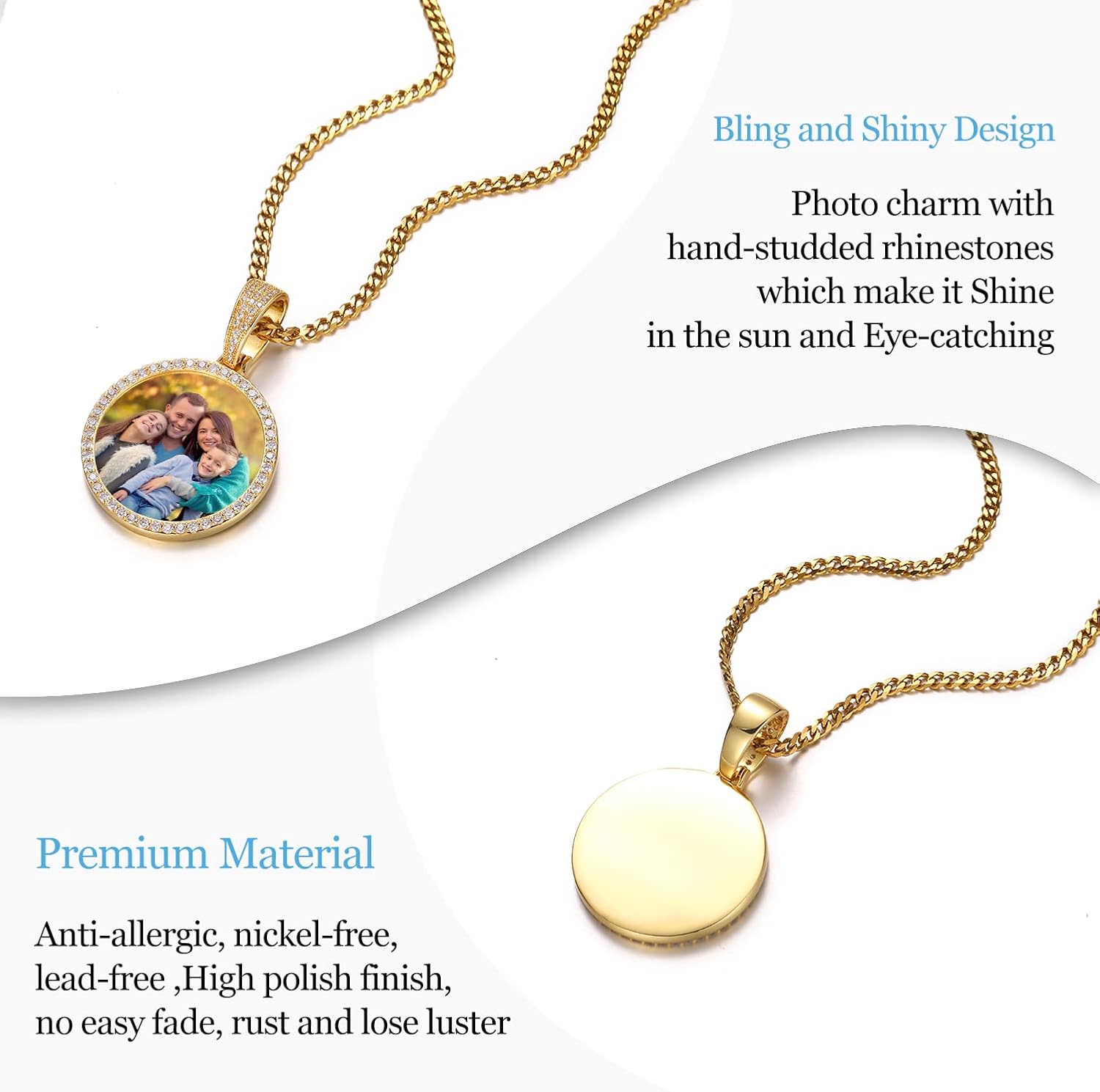 YIMERAIRE Personalized Hip Hop Memory Pendant Necklace Custom Picture Necklace for Men Women Customized Photo Necklace Round Medal Rope Chain Jewelry Souvenir Gift with 18" Gold Cuban Chain