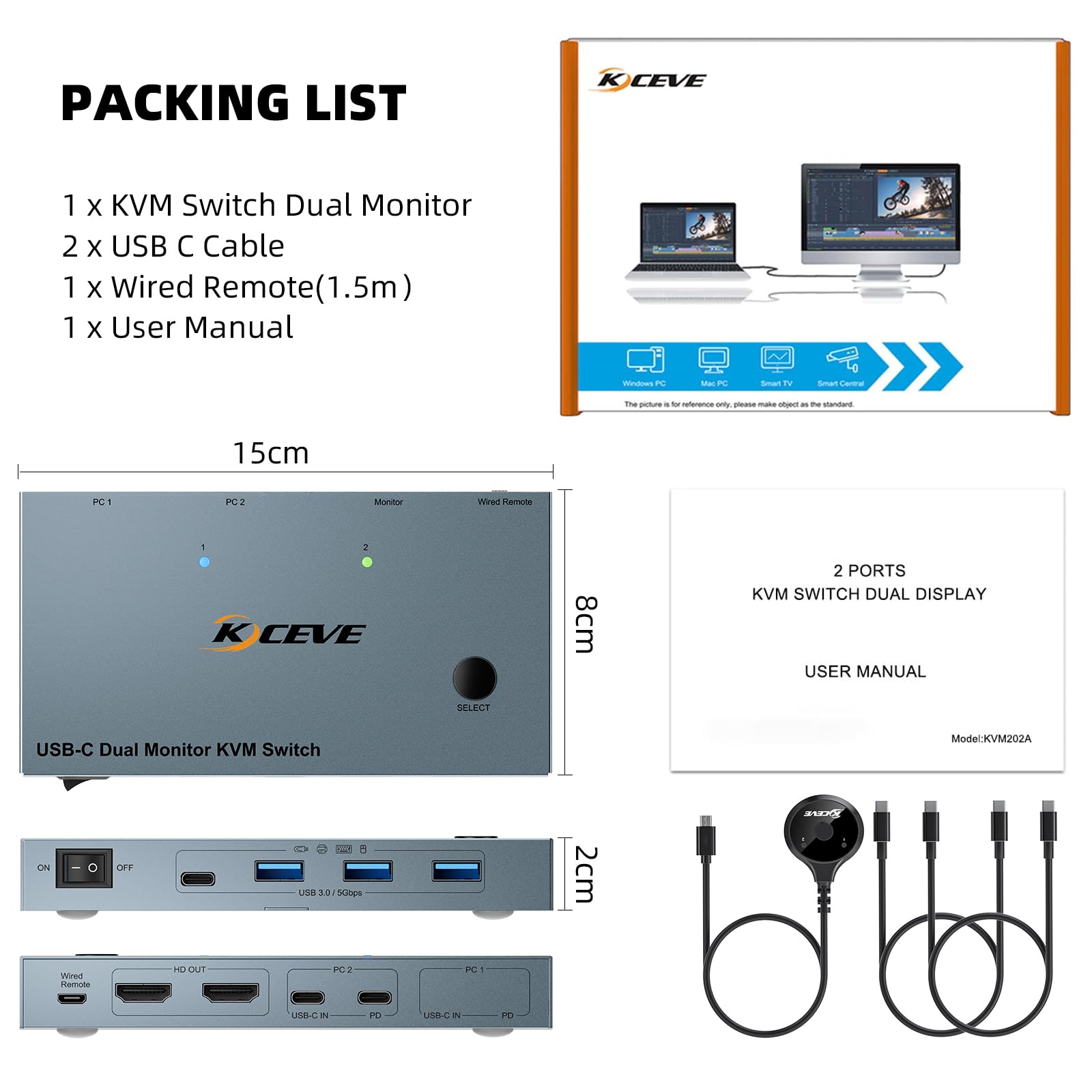 KCEVE Switch KVM 2 Monitor 2 Laptop USB C, Switch KVM Dual Monitor HDMI 4K@60Hz per 2 Laptop Condividi 4 dispositivi USB 3.0 con PD da 80W, con 2 cavi USB-C e telecomando cablato