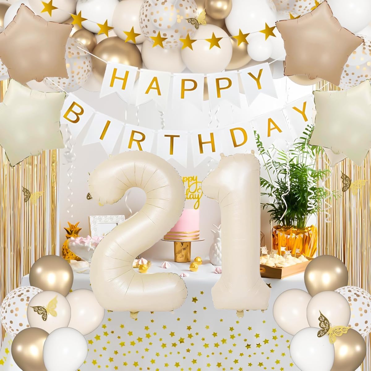 Happy 21st Birthday Decorations For Her, Beige 21 Balloon Number 40 Inch, White Happy Birthday Banner, 21st Birthday Balloons For White And Gold Birthday Decorations image 5