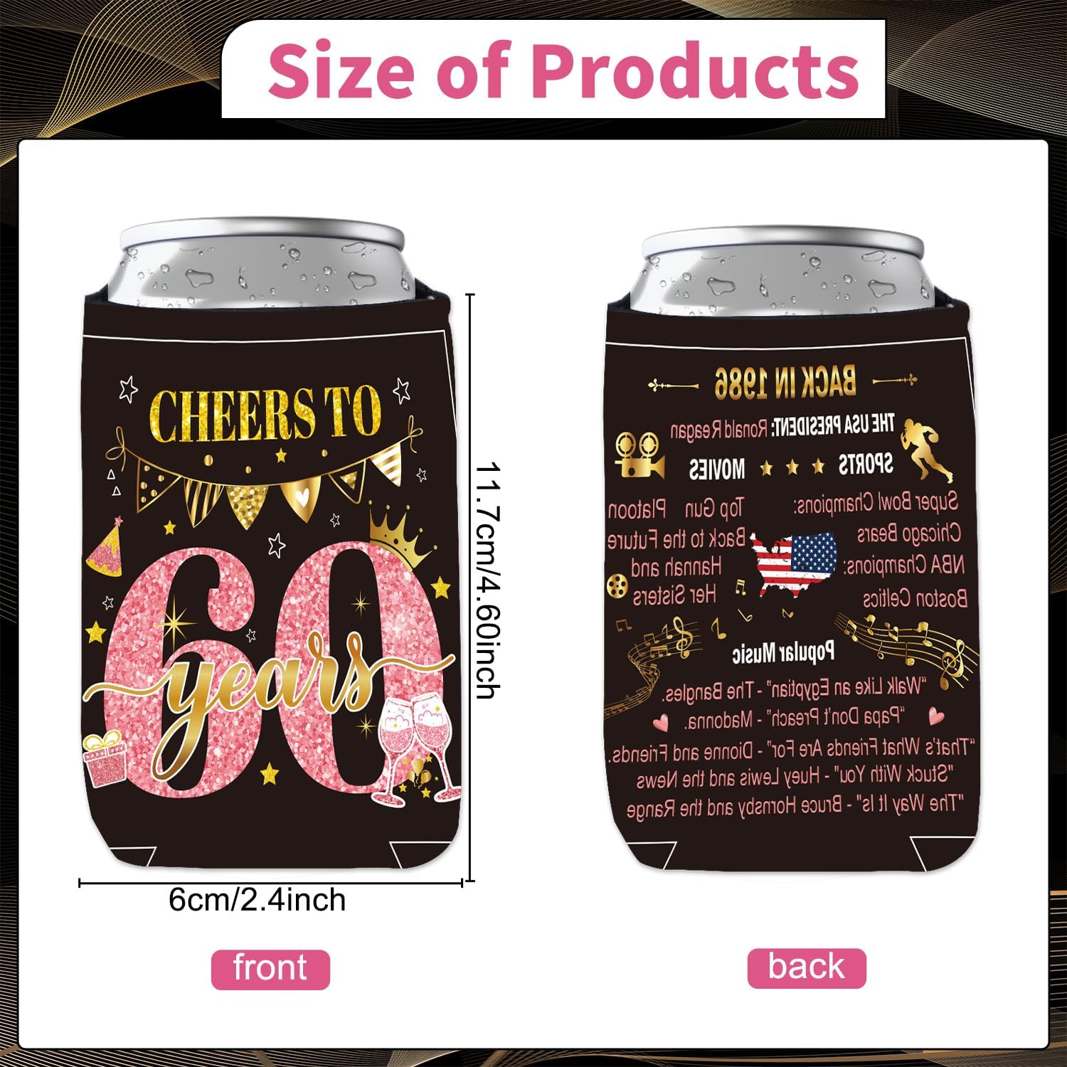 12 Pcs 60th Birthady Party Can Cooler Sleeve, Cheers to 60 Years Party Decorations for Men Women, Pink Gold Neoprene Can Sleeve 1976 Birthday Decorations for Parents Him Her image 3
