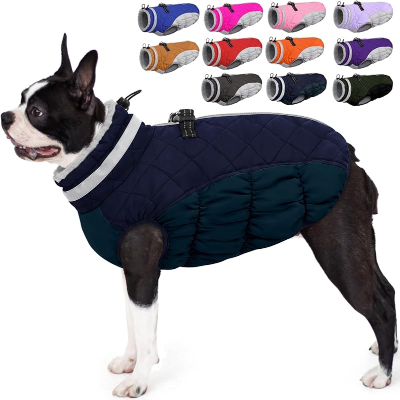 Casaco de Inverno para Cães AOFITEE com Forro de Fleece, Tecido Resistente à Água e Arnês Integrado, Azul-marinho, Tamanho S