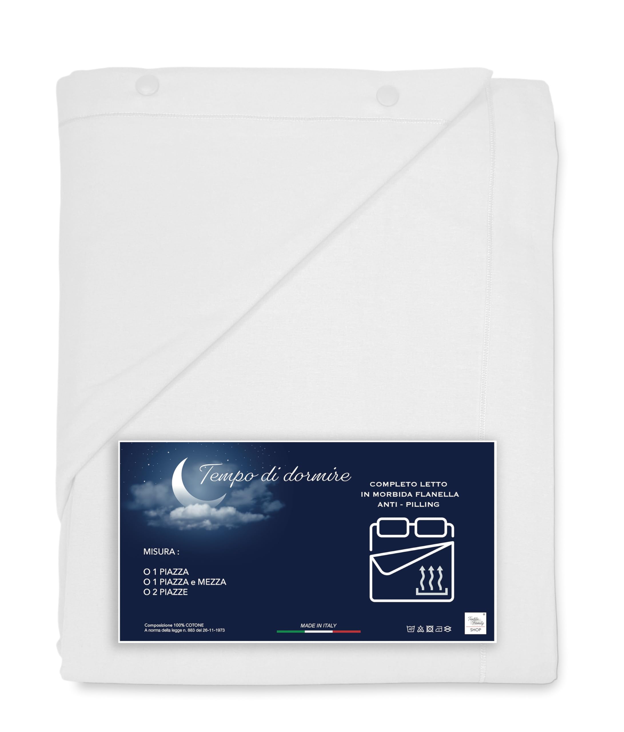 Tex family Juego Completo de Sábanas de Invierno de Franela Lisa Blanca – 100% Algodón Felpudo, Anti-Pelusa, Cálido & Suave, Fabricado en Italia - Para Cama de 1 Plaza