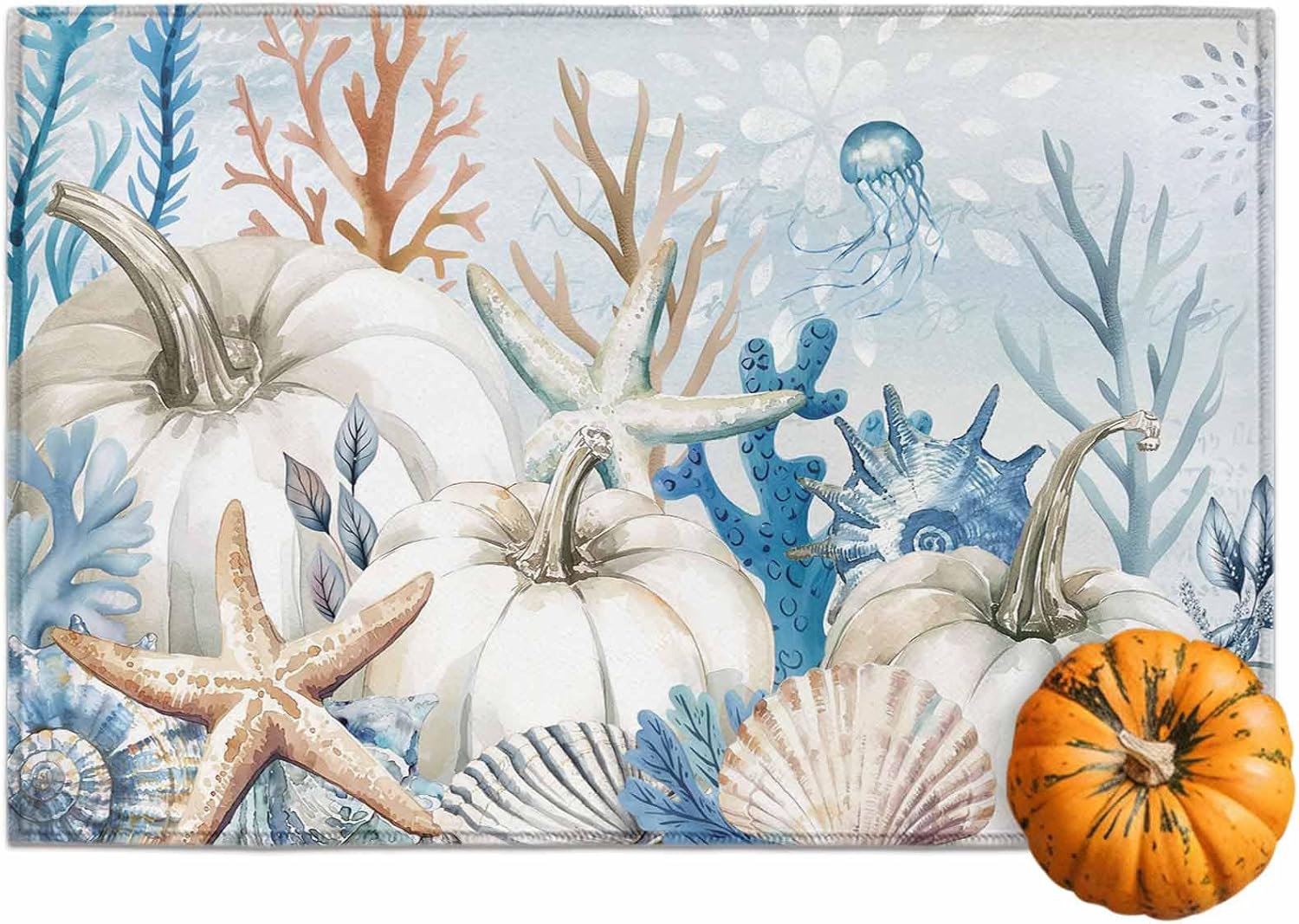 Fall Front Door Mat Indoor Entrance, Coastal Sea Starfish Shells Pumpkin Non Slip Doormat Absorbent Resist Dirt Floor Mats Washable Low Profile Inside Rugs for Entryway, 30"x18"