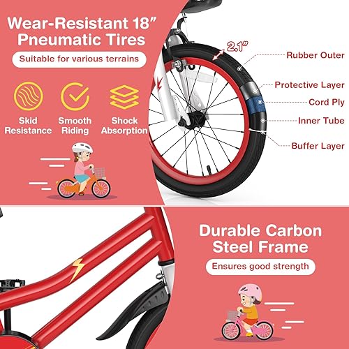 Miniatura 4 de HONEY JOY Bicicleta para niños, 14, 16, 18 pulgadas, con ruedas de entrenamiento y freno de mano, marco de acero, cadena totalmente cerrada,