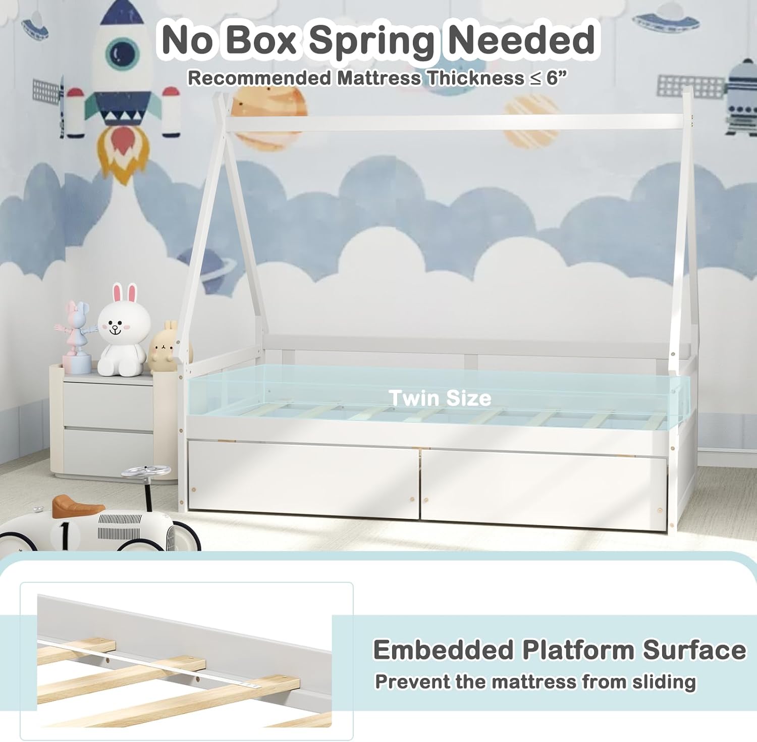 KOMFOTT Twin House Bed with 2 Storage Drawers, Daybed Platform Bed with Roof, Safety Guardrail, Solid Wood Frame & Wood Slat Support, Montessori Playhouse Bed Frame, No Box Spring Needed