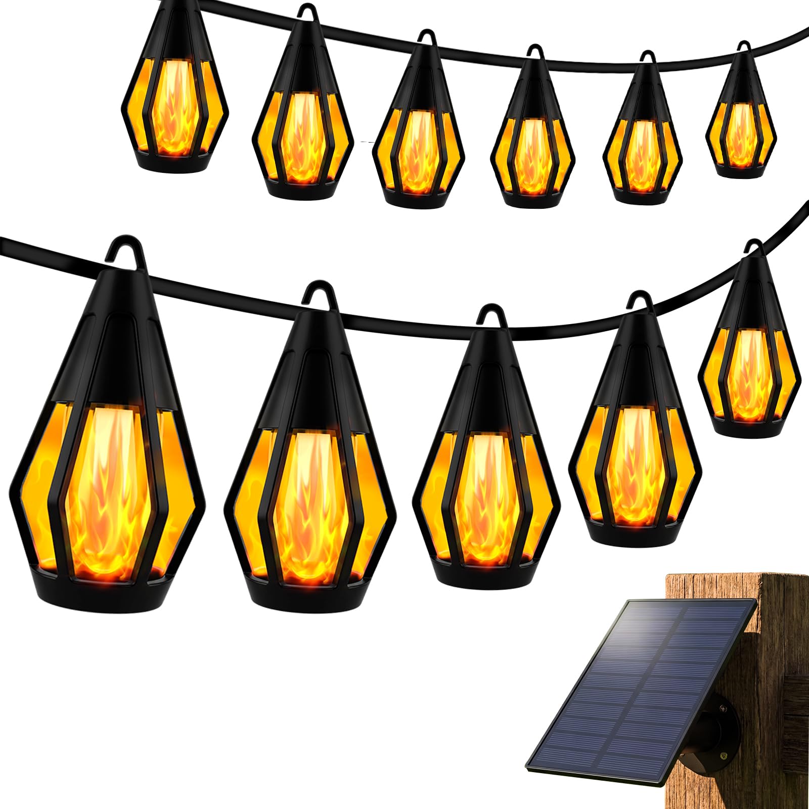 Vivideal Solar-Lichterkette für den Außenbereich, wasserdicht, 15 m, Solar-Terrassenlichter mit 15 flackernden Flammen, solarbetriebene Lichterkette für den Außenbereich, Garten, Hinterhof, Pavillon