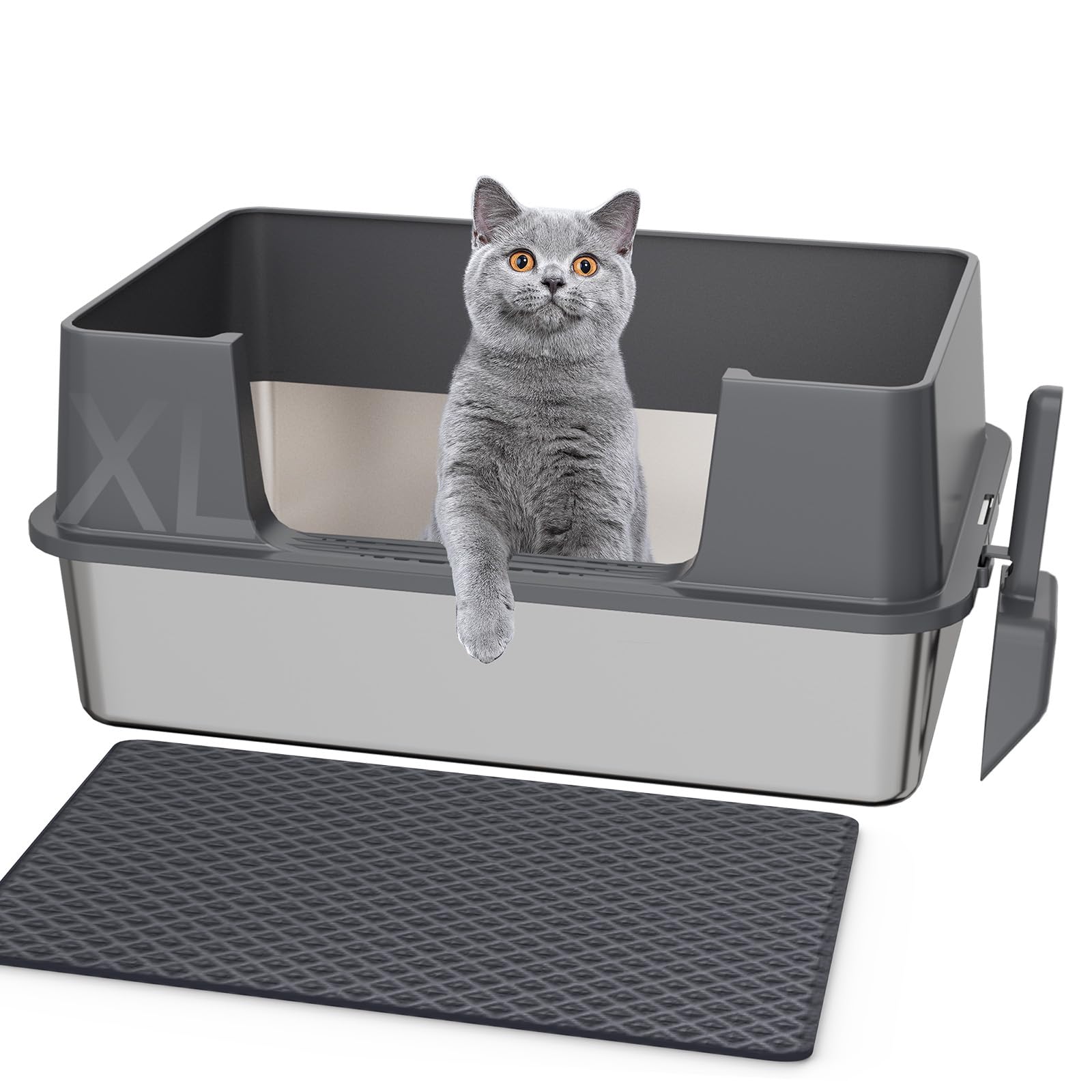 Gimars XL Stainless Steel Cat Litter Box, Easy to Clean & No Odour Stainless 36L High Sided Steel Litter Tray, Leak-Proof Cat Litter Trays with Scoop & Mat, 58x38x26cm