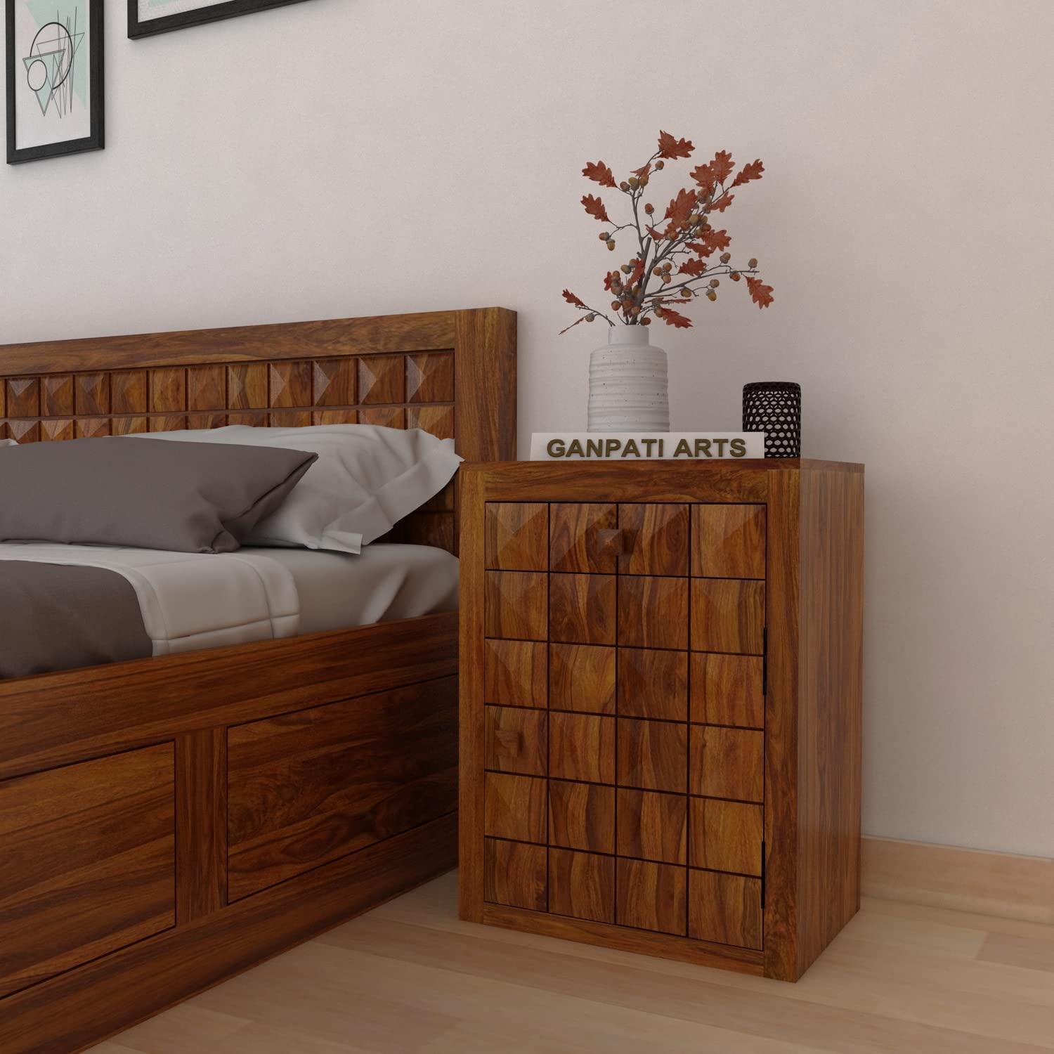 Ganpati Arts Solid Sheesham Wood Oslo Bedside Table with Storage for Bedroom Home Wooden Sofa Side End Tables Night Stand Bed Room Furniture - (Natural Finish) 1 Year Warranty