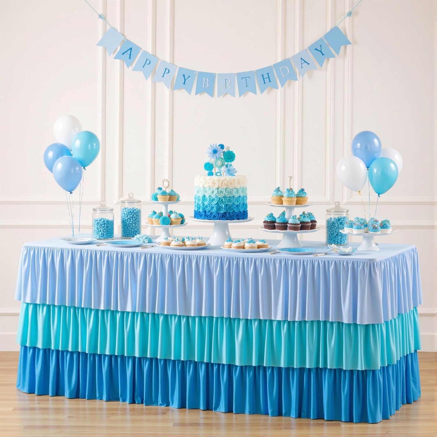 Blue Tablecloths for 6 foot Rectangle Tables Pastel Gradient Blue Table Cloths for Parties 6ft Ruffle Spandex Table Cover with Skirt for Baby Shower Boy Wedding Birthday Party Dessert Banquet Buffet