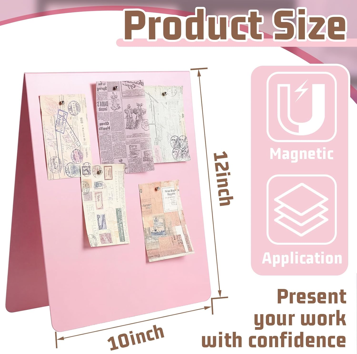 Leinuosen 1 Pcs 12 x 10 Inch Magnetic Bulletin Board Metal Magnet Board Magnet Display Stand for Tabletop Desktop Home Kitchen Office Decor (Pink)