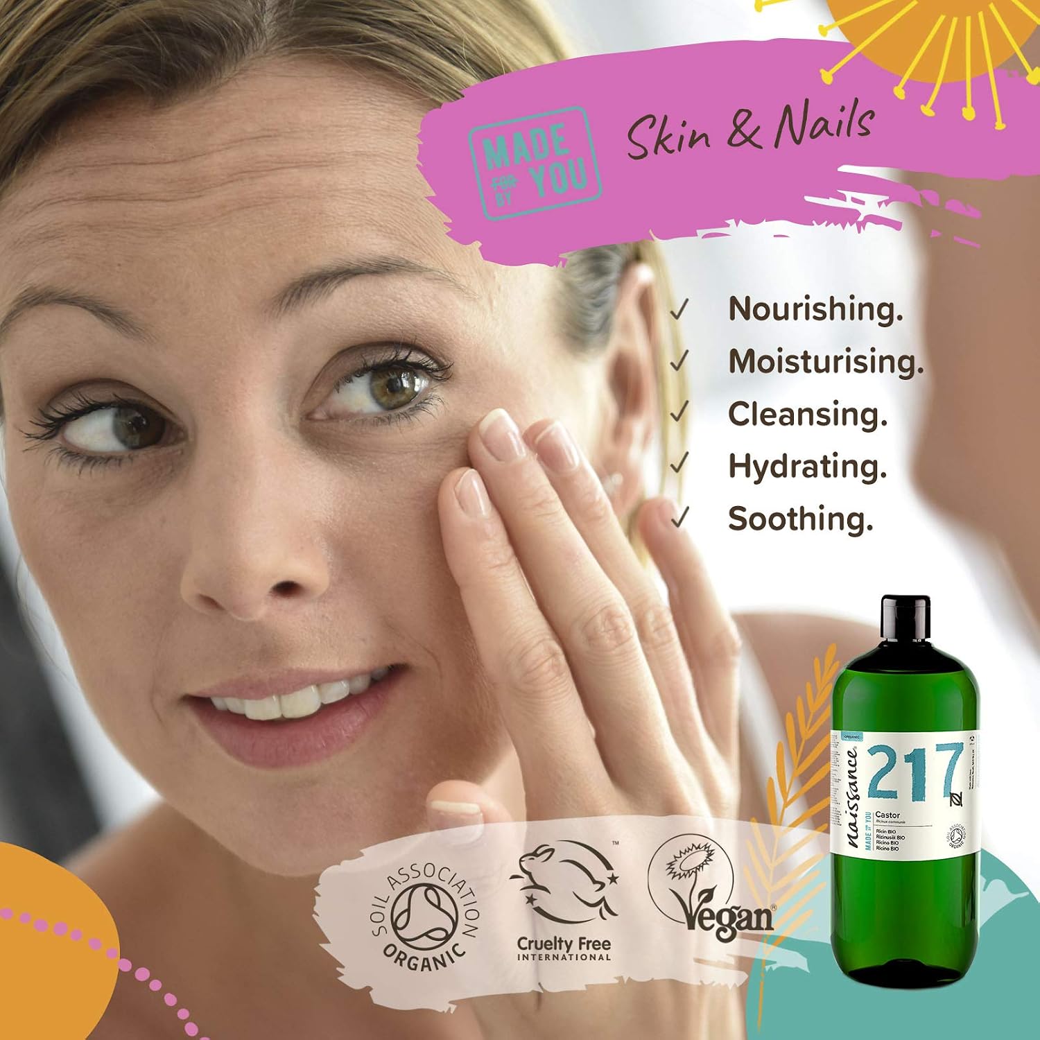 naissance Certified Organic Cold Pressed Castor Oil 32 fl oz - For Hair, Beard, Eyelashes, Eyebrows, Nails and Skin - Pure & Natural, Virgin, Unrefined, Vegan, Hexane-Free, Non GMO, Cruelty Free